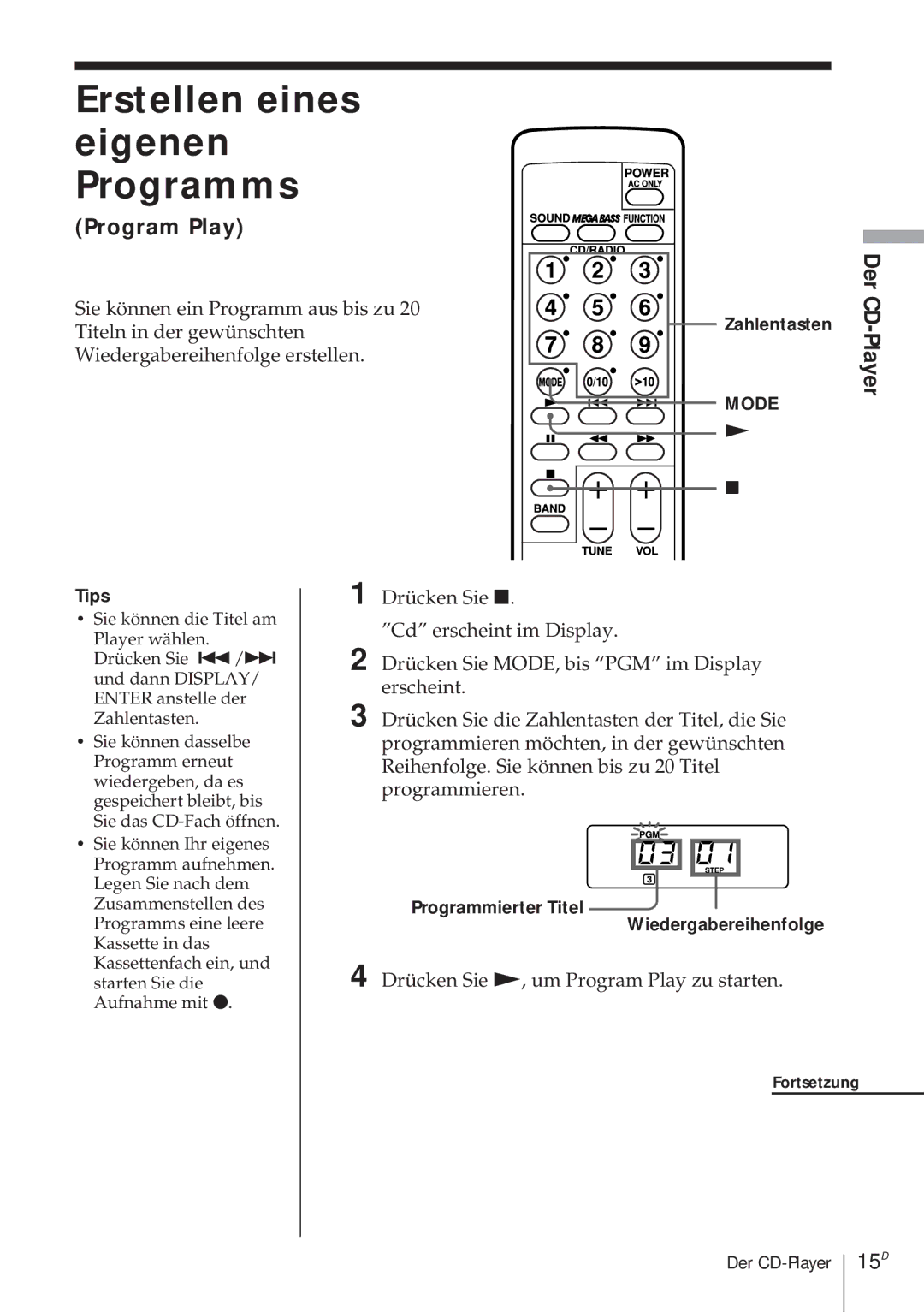 Sony CFD-370 operating instructions Erstellen eines eigenen Programms, 15D, Programmierter Titel Wiedergabereihenfolge 