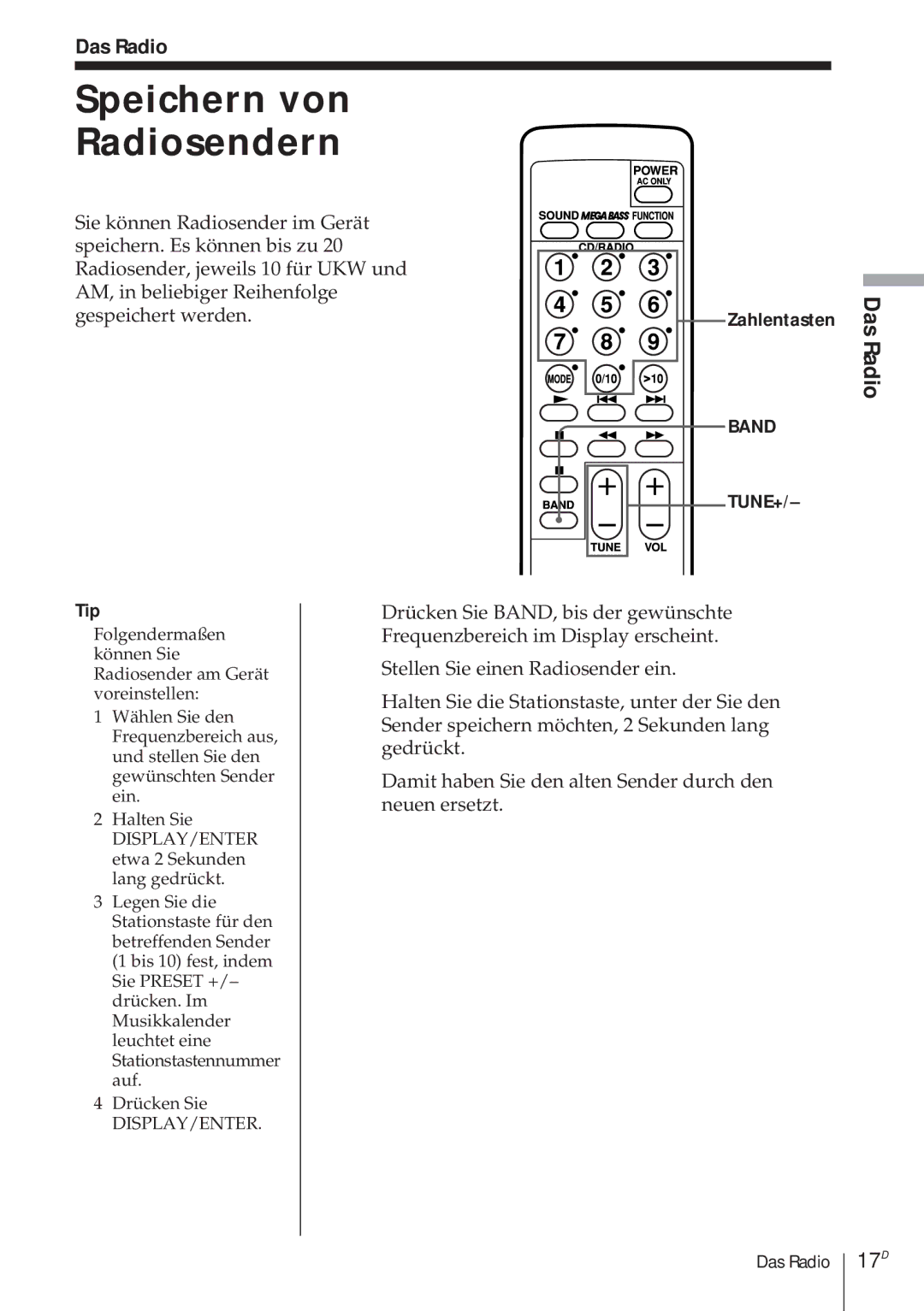 Sony CFD-370 operating instructions Speichern von Radiosendern, Das Radio, 17D 