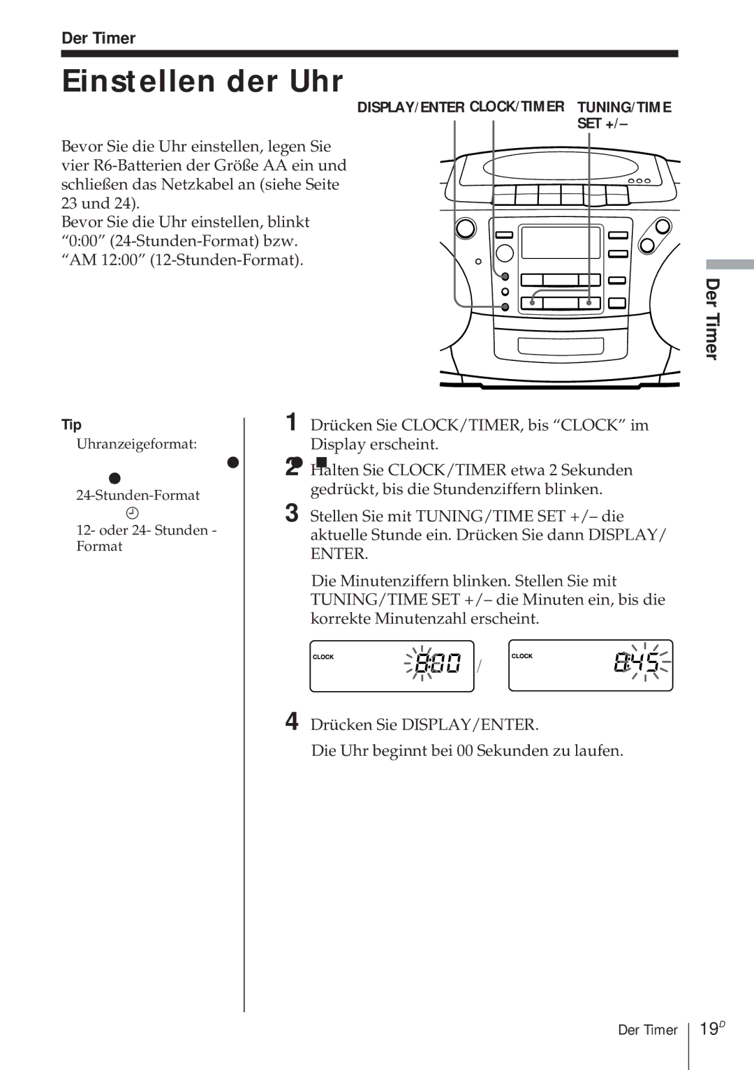 Sony CFD-370 operating instructions Einstellen der Uhr, 19D, Der Timer 