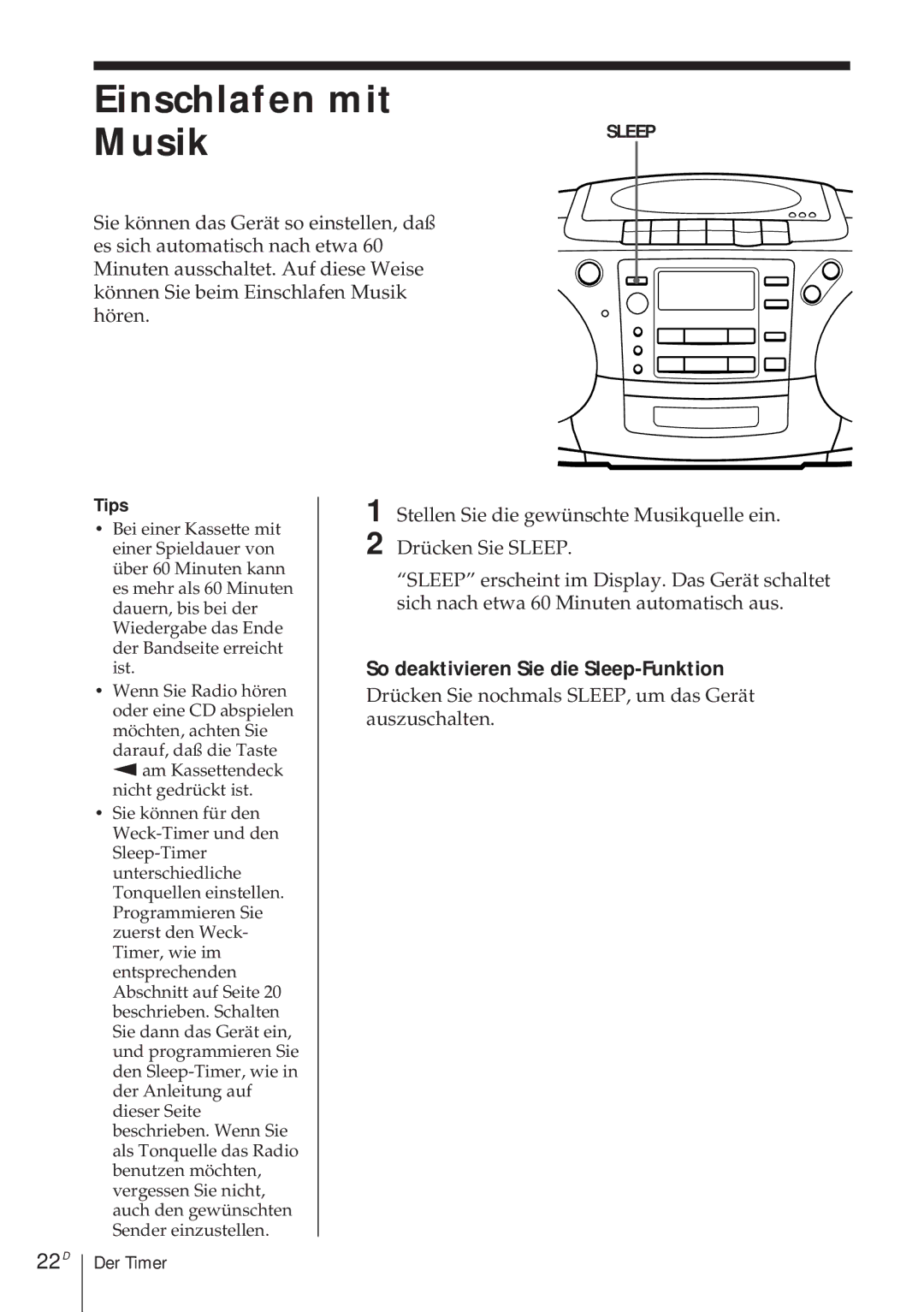 Sony CFD-370 operating instructions Einschlafen mit Musik, 22D, So deaktivieren Sie die Sleep-Funktion 