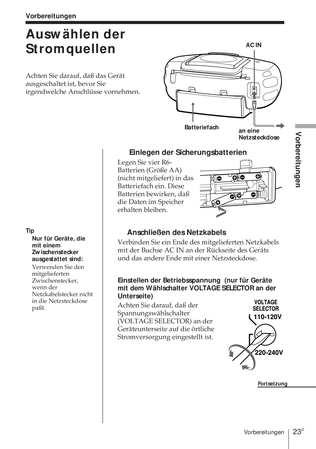 Sony CFD-370 Auswählen der Stromquellen, Einlegen der Sicherungsbatterien, 2Anschließen des Netzkabels, 23D 