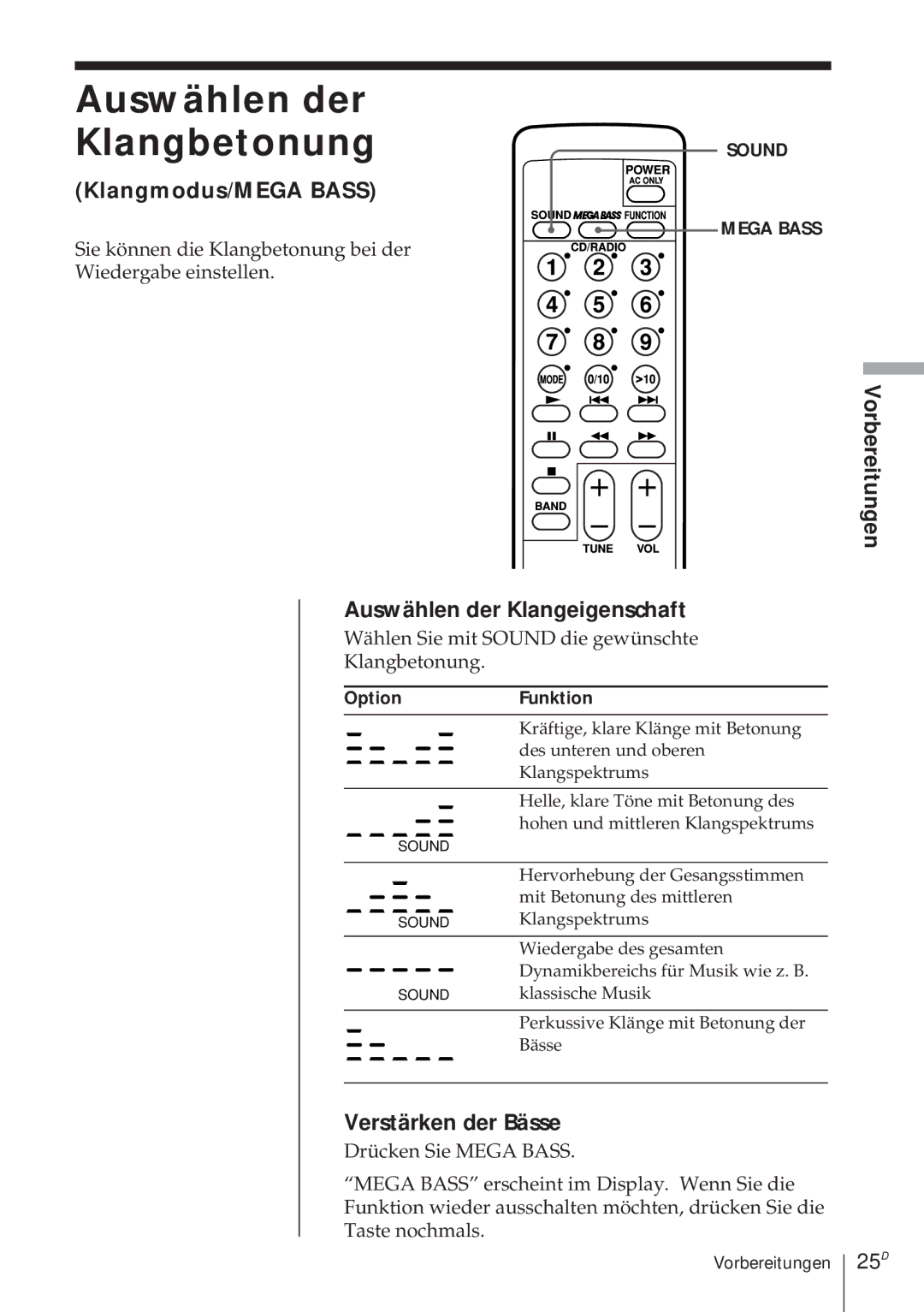 Sony CFD-370 Auswählen der Klangbetonung, Klangmodus/MEGA Bass, Auswählen der Klangeigenschaft, Verstärken der Bässe, 25D 