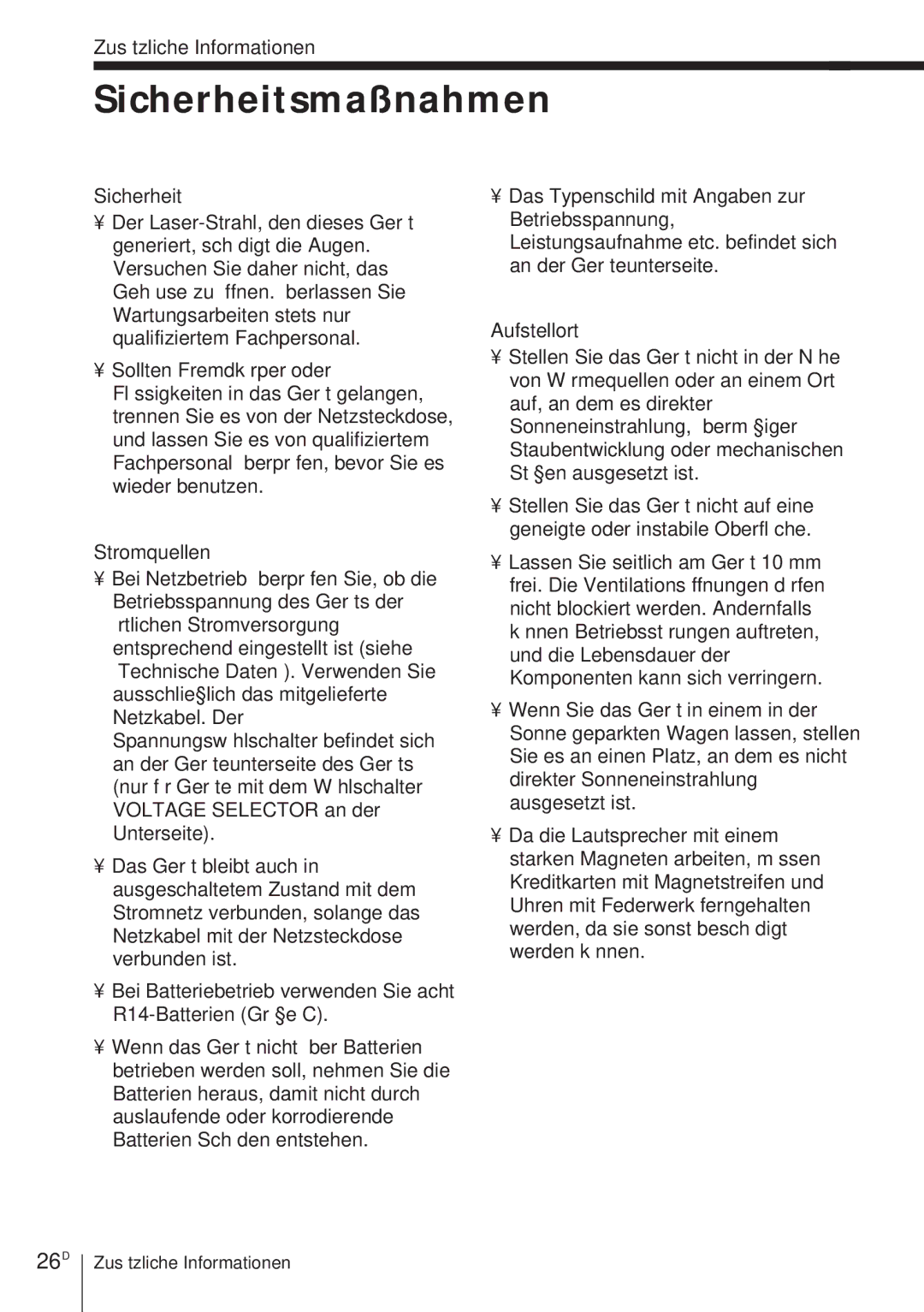 Sony CFD-370 operating instructions Sicherheitsmaßnahmen, 26D 