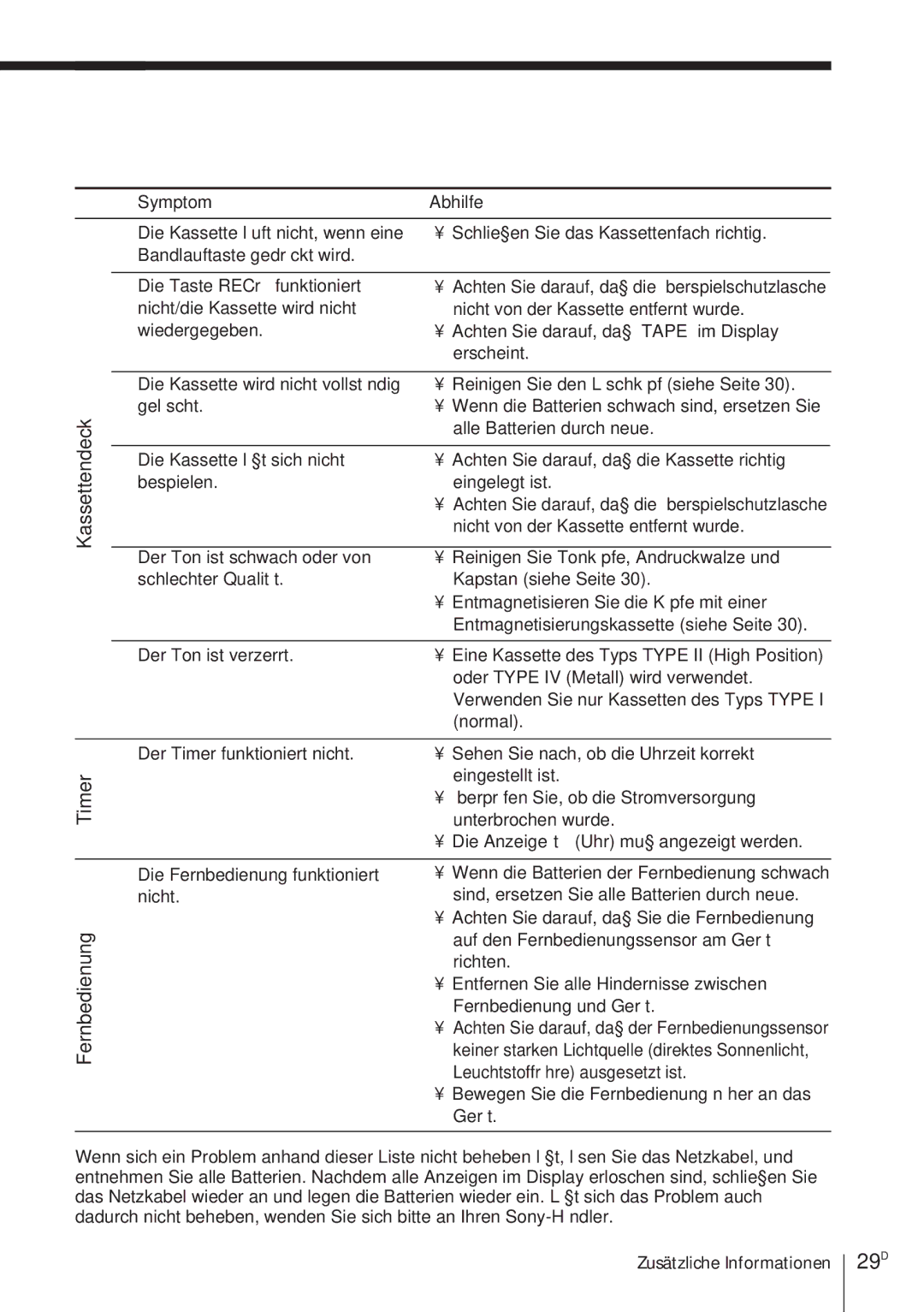 Sony CFD-370 operating instructions 29D, Die Anzeige t Uhr muß angezeigt werden 