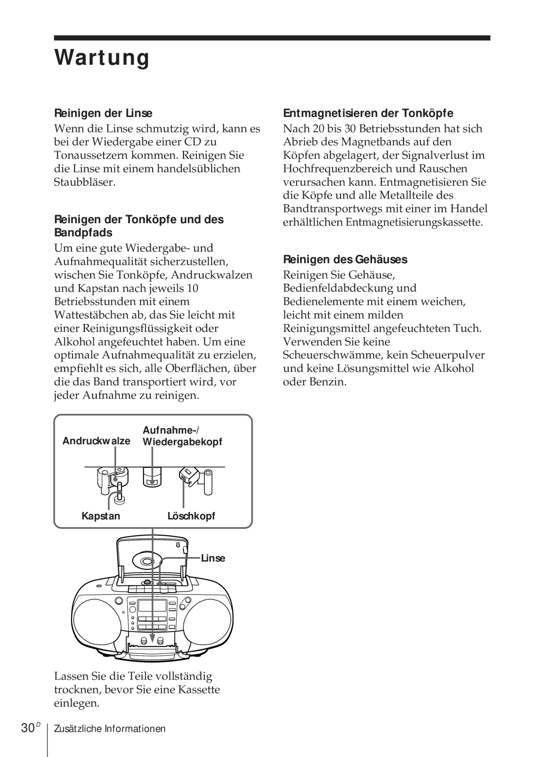 Sony CFD-370 operating instructions Wartung, 30D 