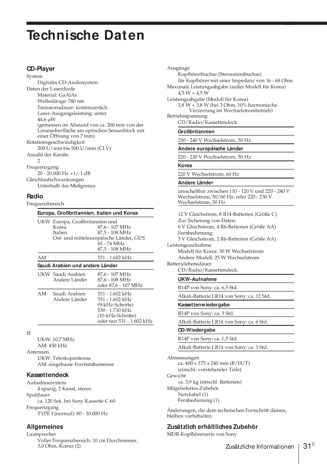 Sony CFD-370 operating instructions Technische Daten 