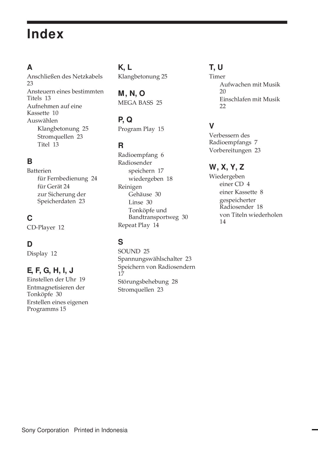 Sony CFD-370 operating instructions G, H, I, J, Y, Z 