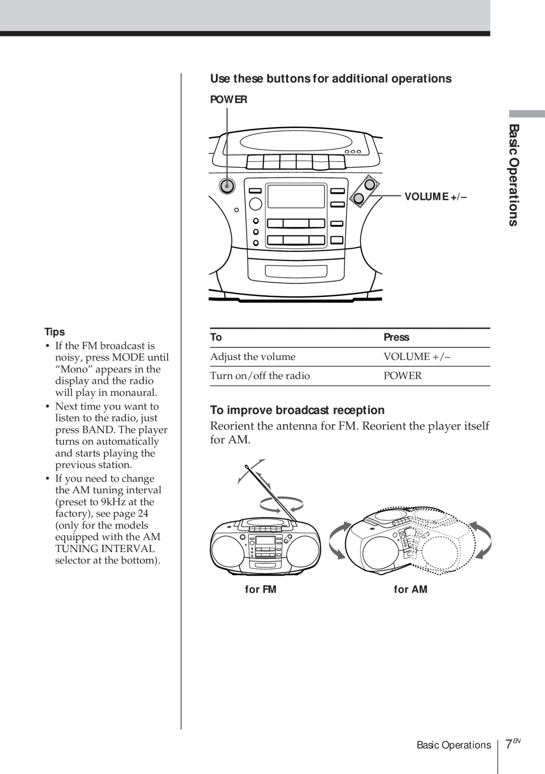 Sony CFD-370 operating instructions To improve broadcast reception, Tips, For FM 