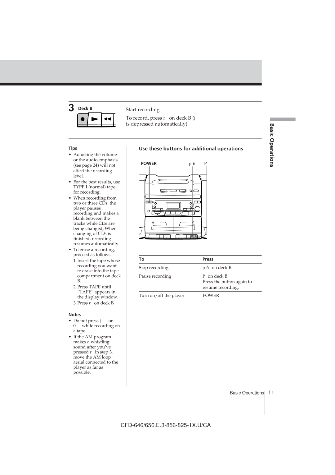 Sony CFD-646, CFD-C646, CFD-656 operating instructions Basic, Operations, Deck B 