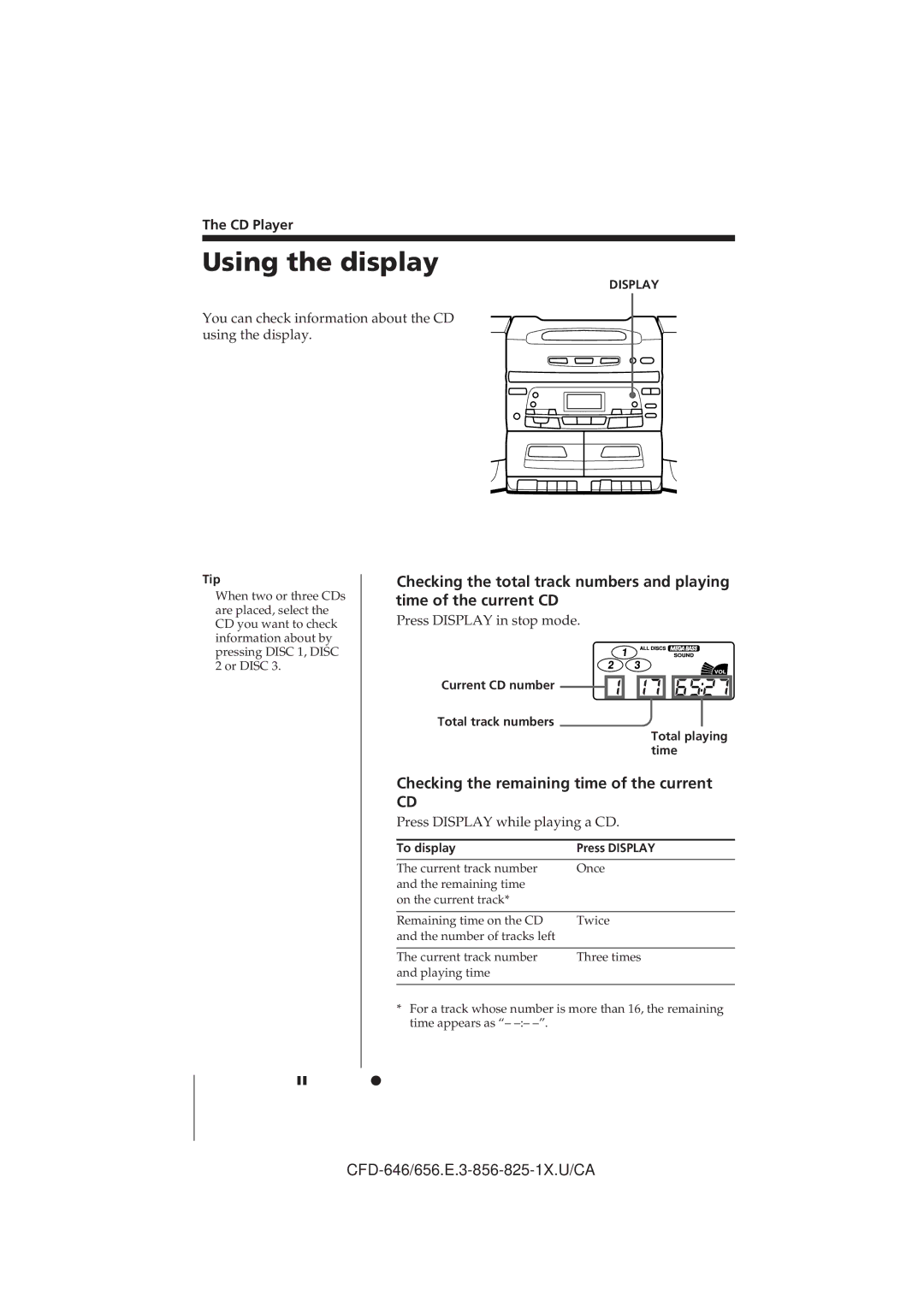 Sony CFD-C646, CFD-656, CFD-646 Using the display, Checking the remaining time of the current, CD Player 