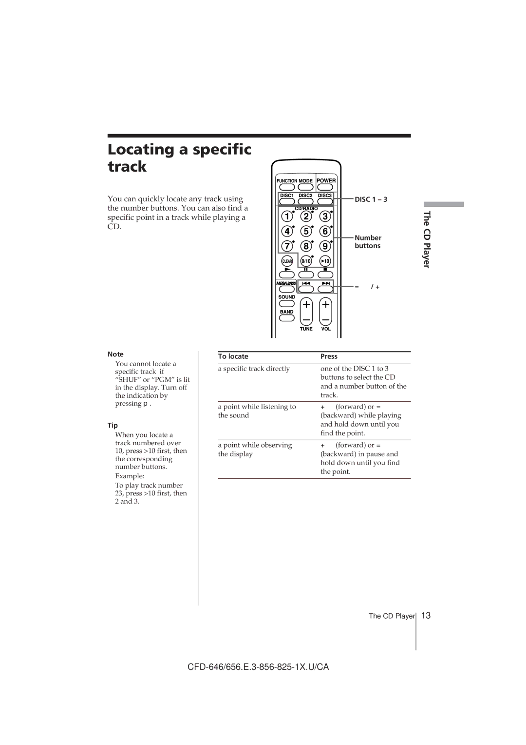 Sony CFD-656, CFD-C646, CFD-646 operating instructions Locating a specific track, Disc 1 Number Buttons, To locate Press 