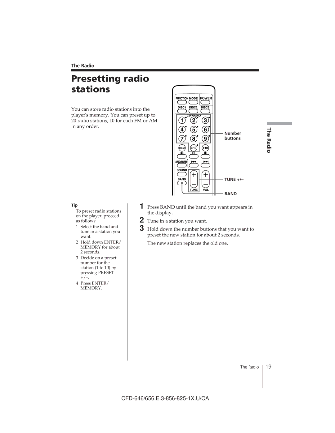 Sony CFD-656, CFD-C646, CFD-646 operating instructions Presetting radio stations, Radio, Number buttons Tune + Tip 