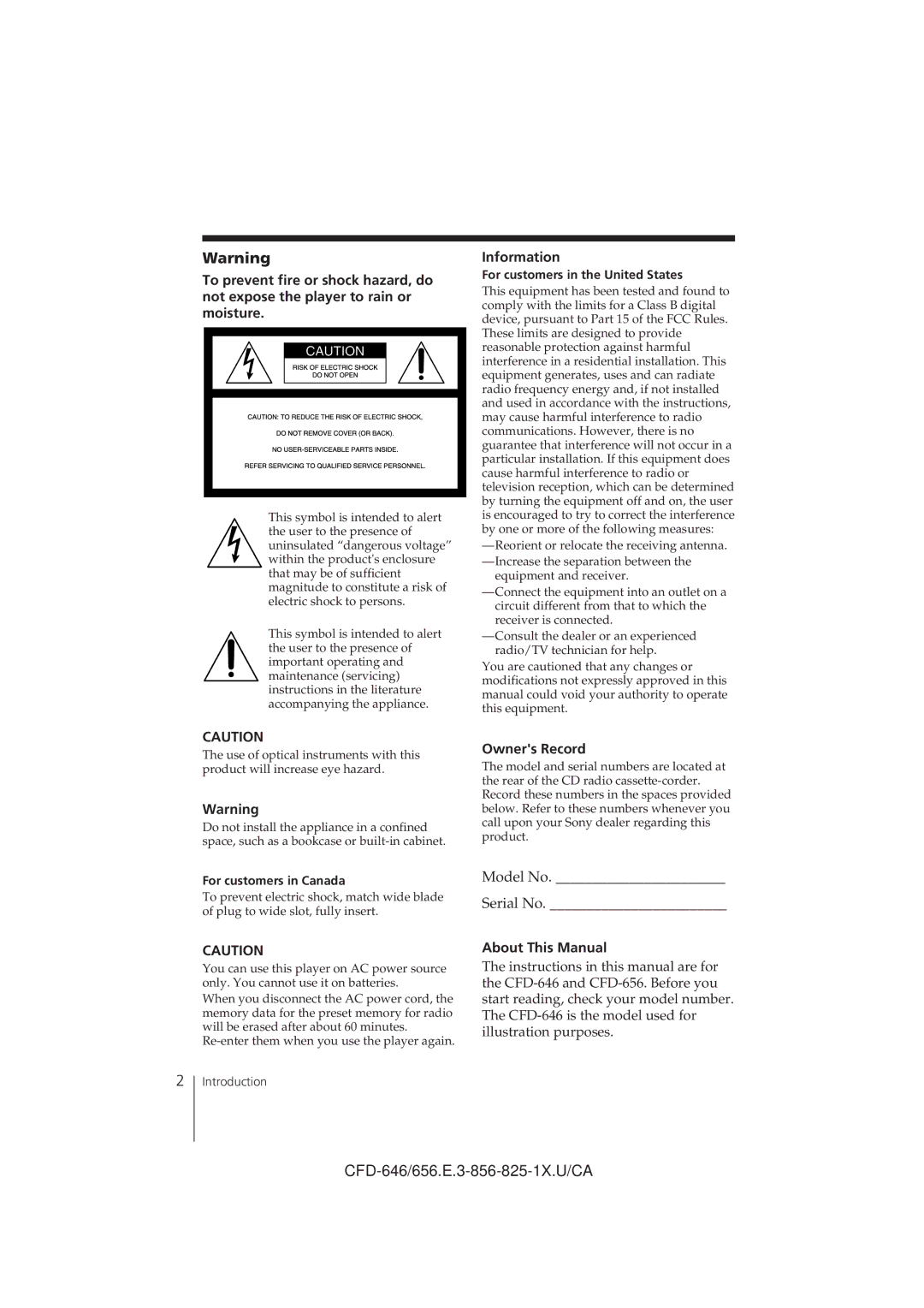 Sony CFD-646 Information, Owners Record, About This Manual, For customers in the United States, For customers in Canada 