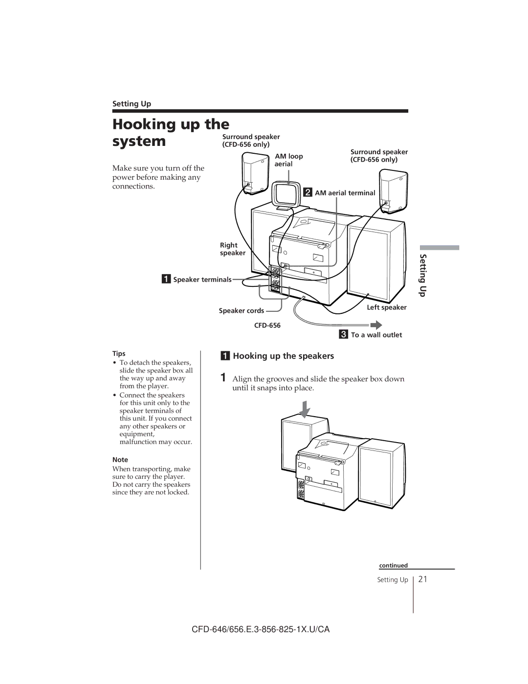 Sony CFD-C646, CFD-656, CFD-646 operating instructions Hooking up the speakers, Setting Up 