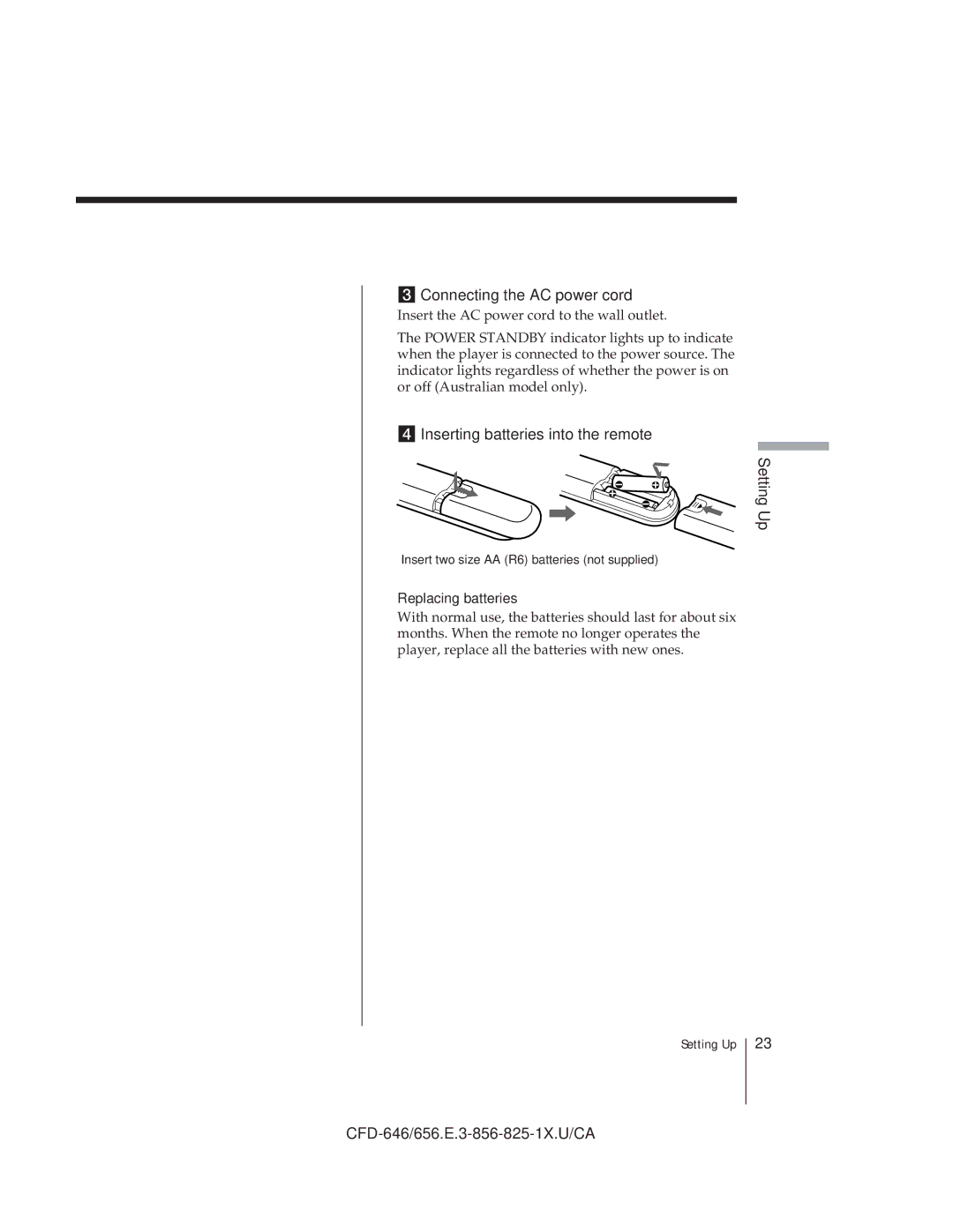 Sony CFD-646, CFD-C646 Connecting the AC power cord, Inserting batteries into the remote Setting Up, Replacing batteries 