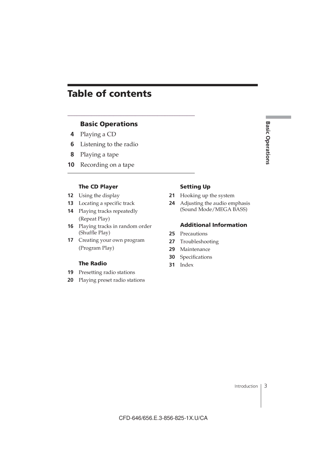 Sony CFD-C646, CFD-656, CFD-646 operating instructions Table of contents 