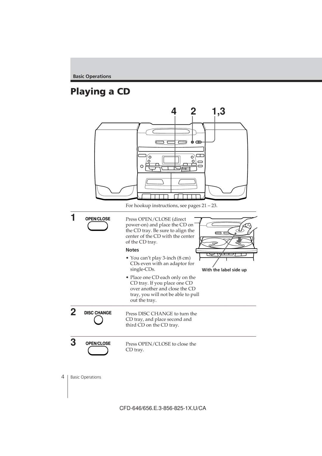 Sony CFD-656, CFD-C646, CFD-646 operating instructions Playing a CD, Basic Operations 