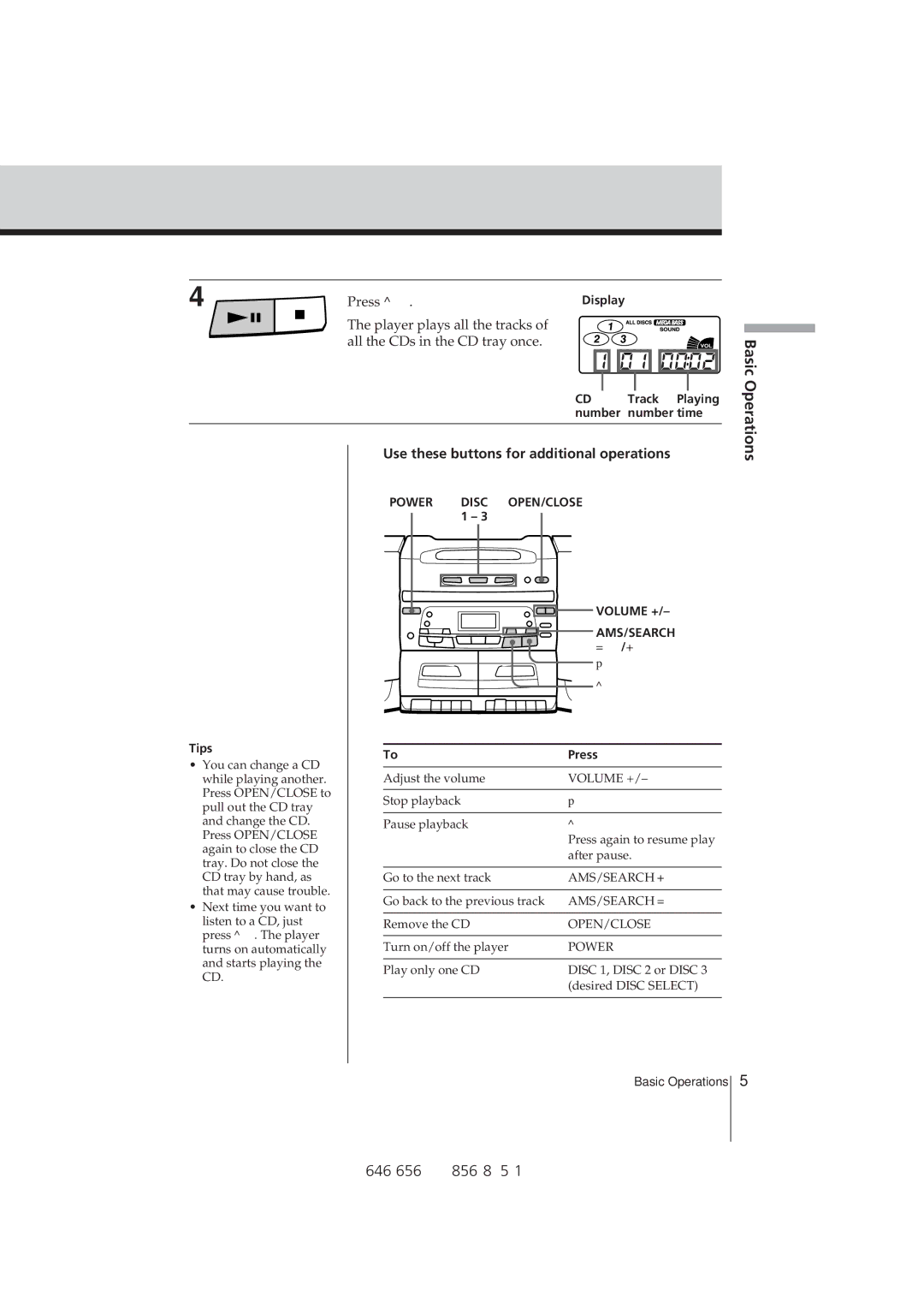 Sony CFD-646, CFD-C646, CFD-656 operating instructions Display Track Playing Number Number time, Tips, Press 