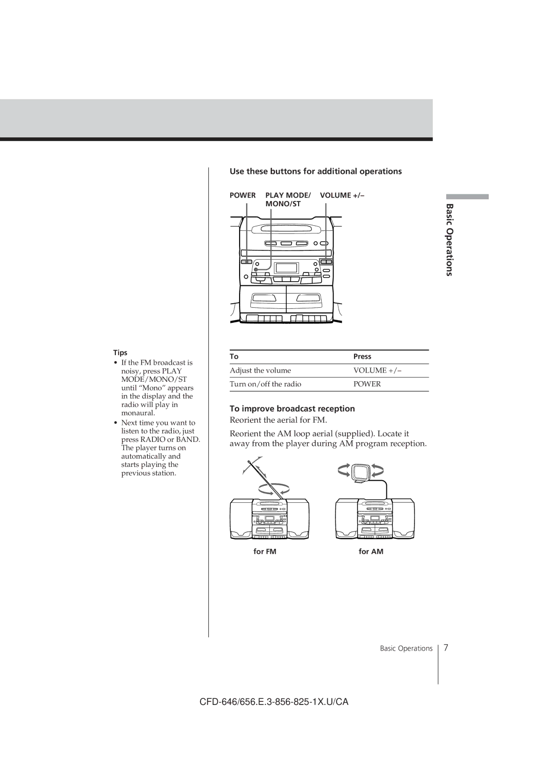 Sony CFD-656 Basic Operations, Use these buttons for additional operations, To improve broadcast reception, For FM 