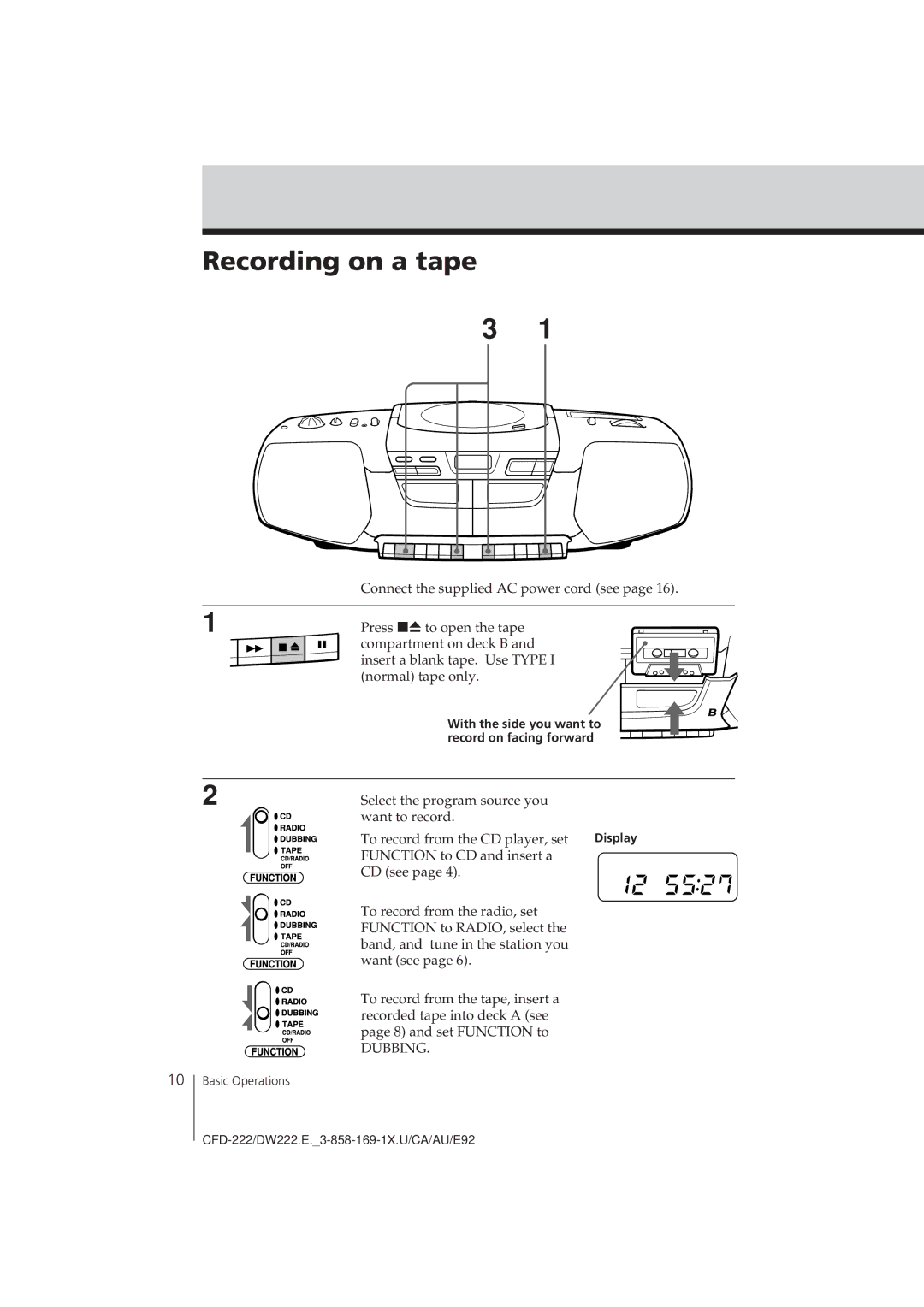 Sony CFD-DW222, CFD-222 operating instructions Recording on a tape, Dubbing 