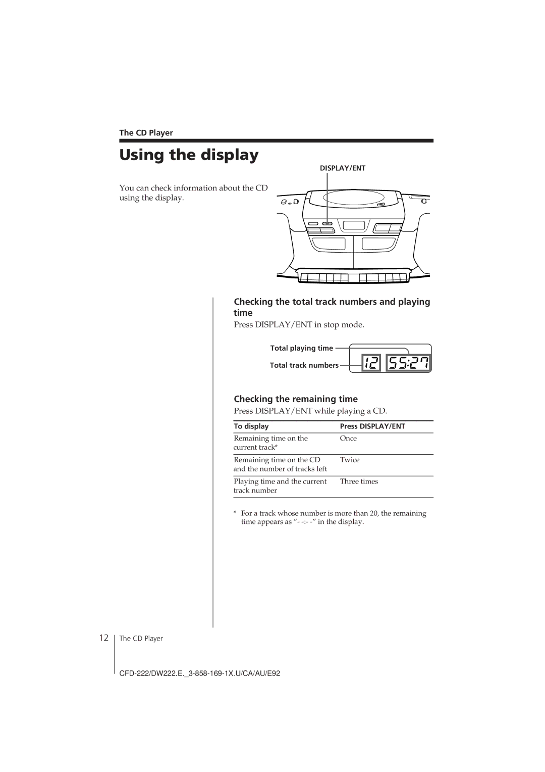 Sony CFD-DW222, CFD-222 Using the display, Checking the total track numbers and playing time, Checking the remaining time 