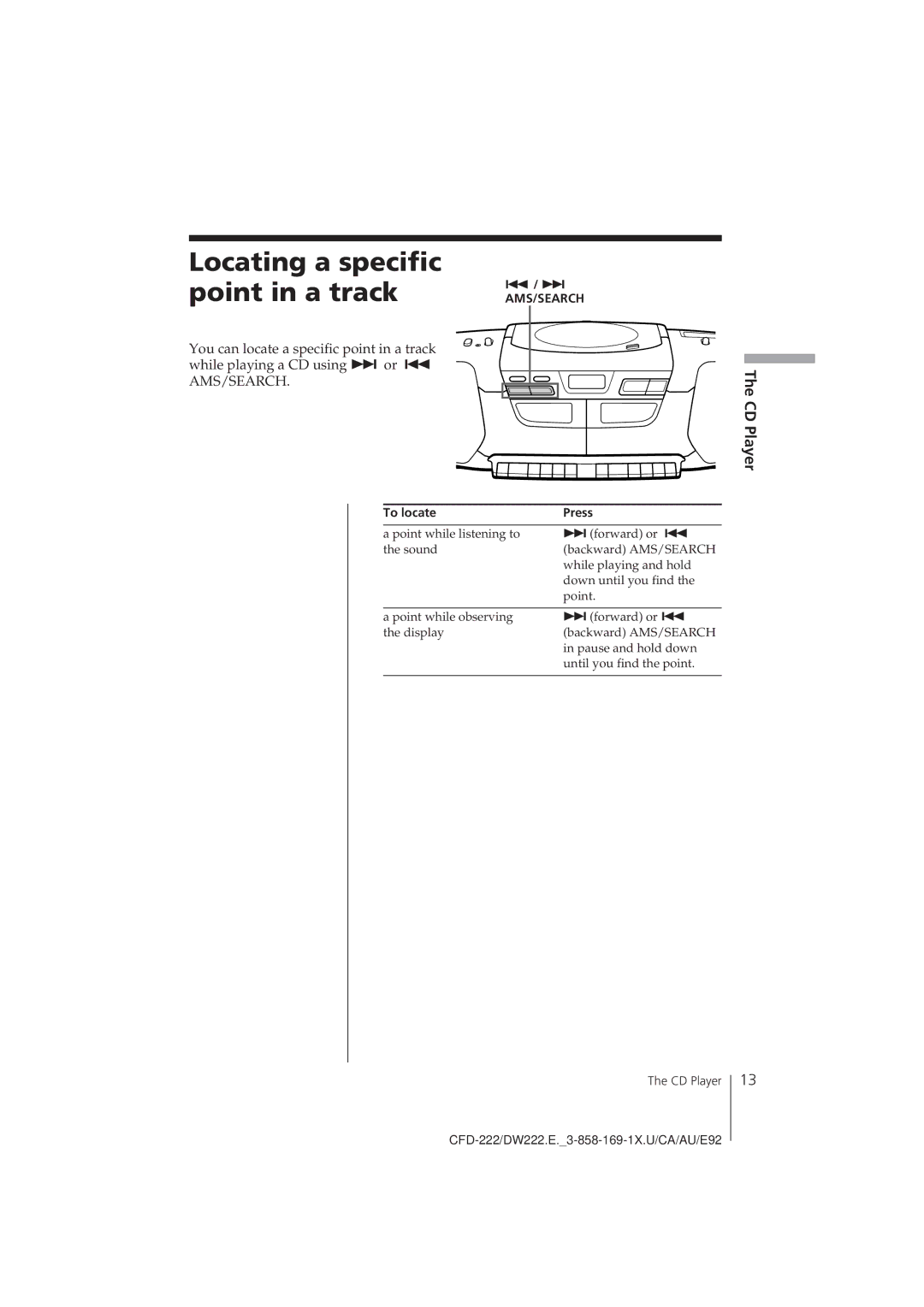 Sony CFD-222, CFD-DW222 operating instructions Locating a specific point in a track, = / +, To locate Press 