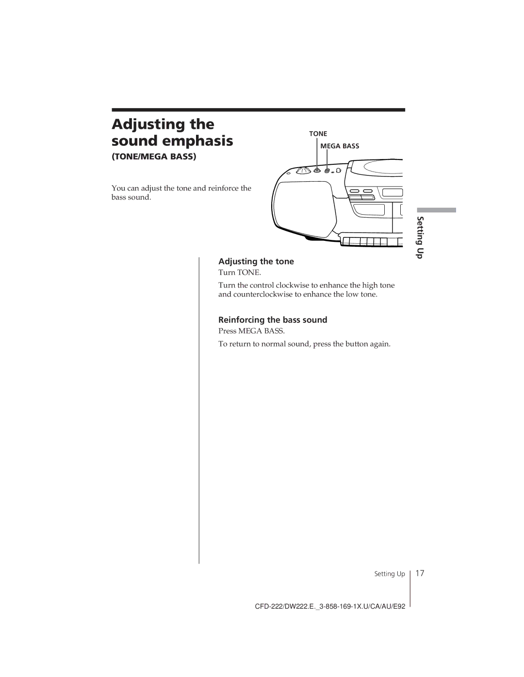 Sony CFD-222, CFD-DW222 operating instructions Adjusting the sound emphasis, Adjusting the tone, Reinforcing the bass sound 