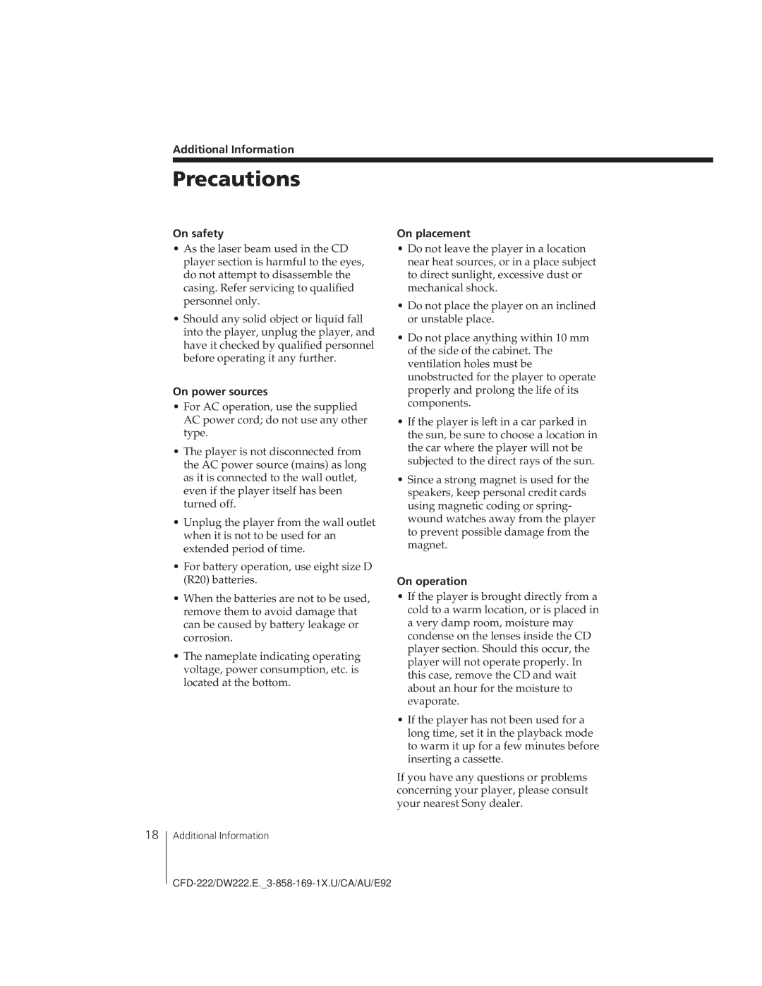 Sony CFD-DW222, CFD-222 operating instructions Precautions 