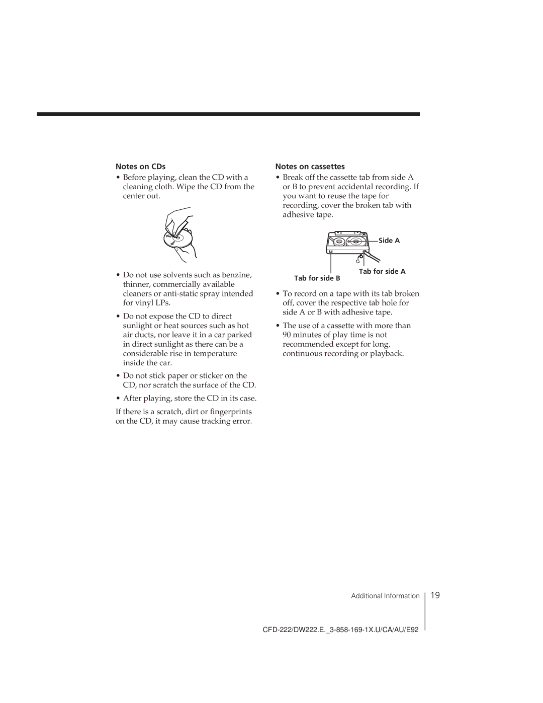 Sony CFD-222, CFD-DW222 operating instructions Side a, Tab for side a Tab for side B 