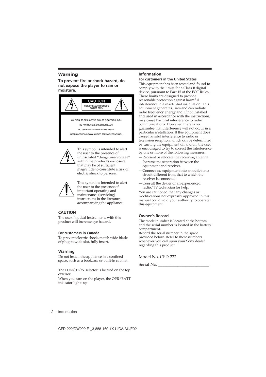 Sony CFD-DW222, CFD-222 Information, Owners Record, For customers in the United States, For customers in Canada 