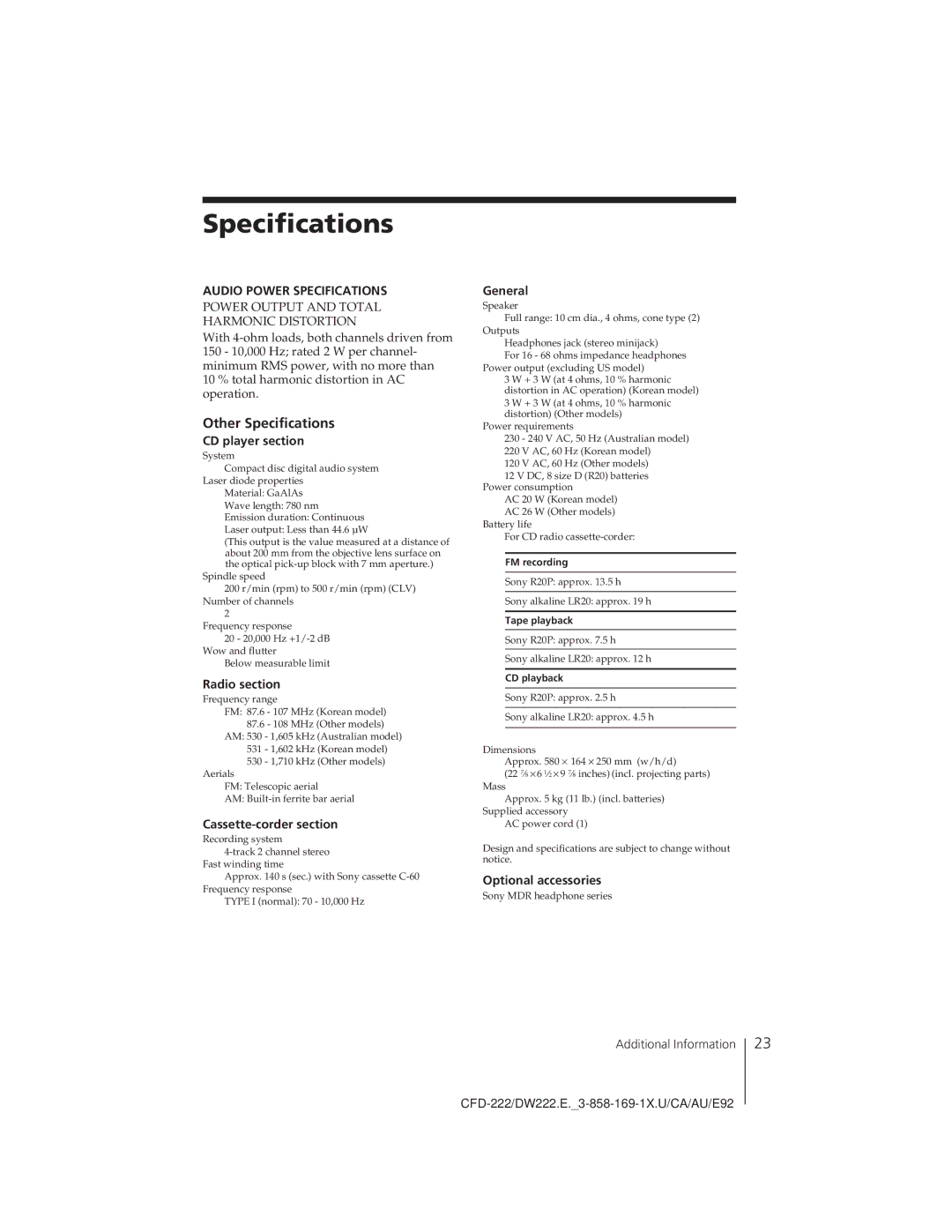 Sony CFD-222, CFD-DW222 operating instructions Other Specifications 