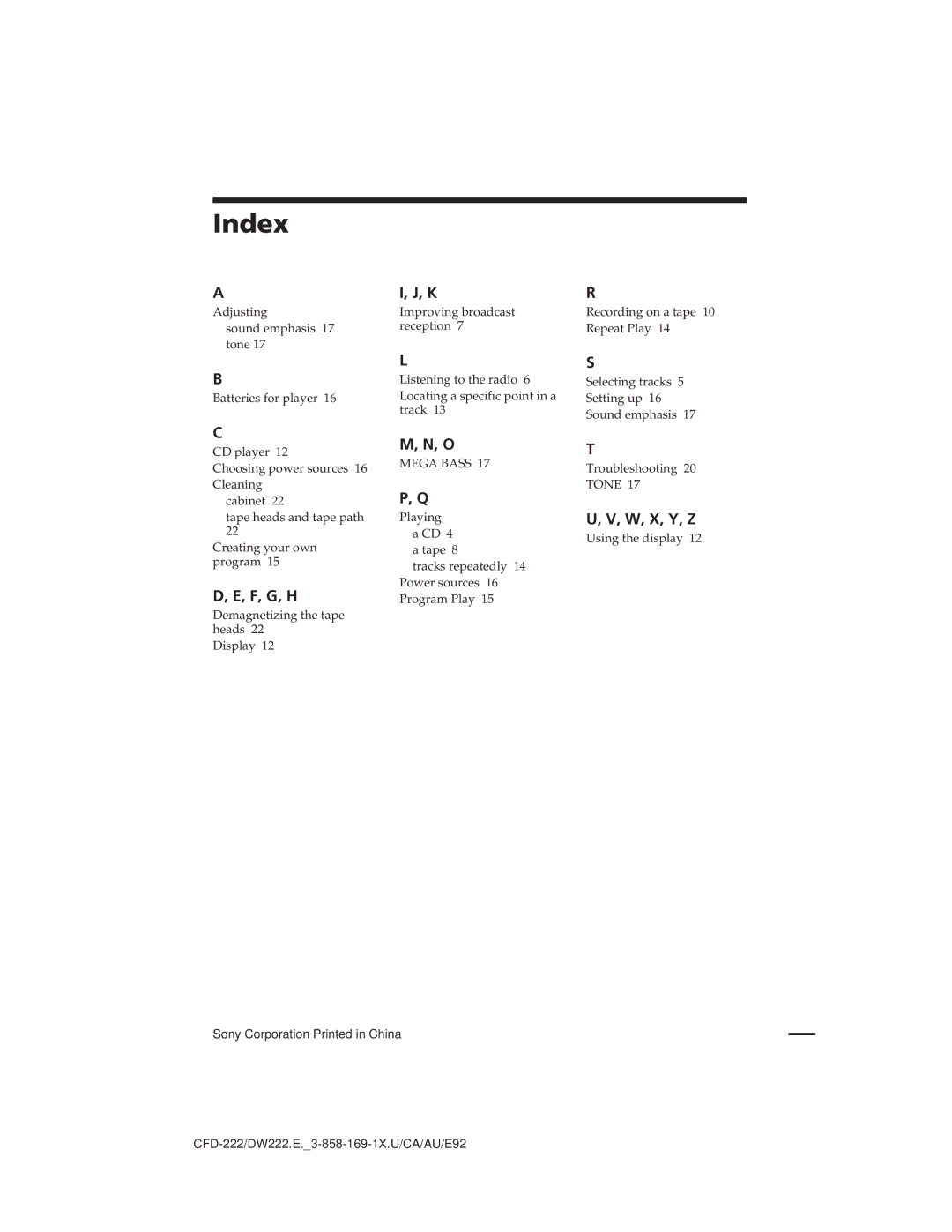 Sony CFD-DW222, CFD-222 operating instructions Index, F, G, H, W, X, Y, Z 