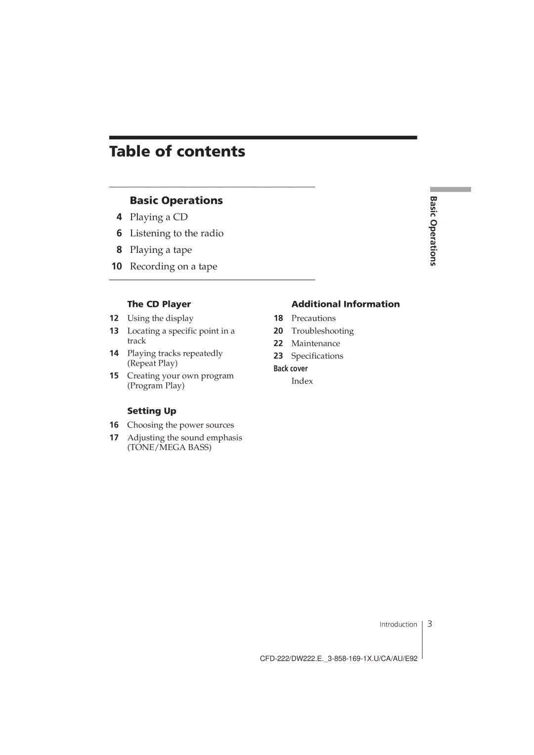 Sony CFD-222, CFD-DW222 operating instructions Table of contents 