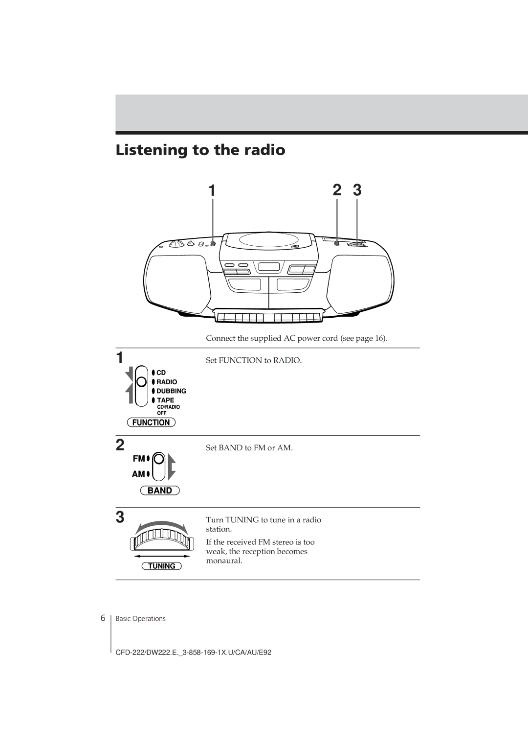 Sony CFD-DW222, CFD-222 operating instructions Listening to the radio 