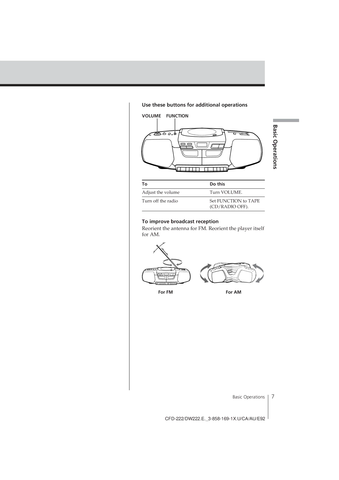 Sony CFD-222, CFD-DW222 operating instructions To improve broadcast reception, For FM 