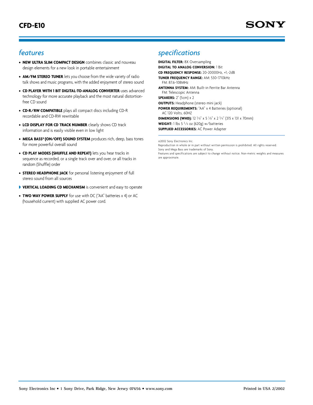 Sony CFD-E10 manual Features, Specifications, Supplied Accessories AC Power Adapter 