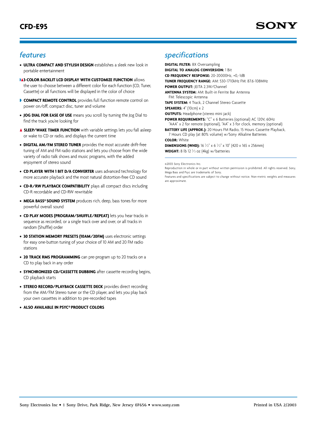 Sony CFD-E95 manual Features, Specifications 