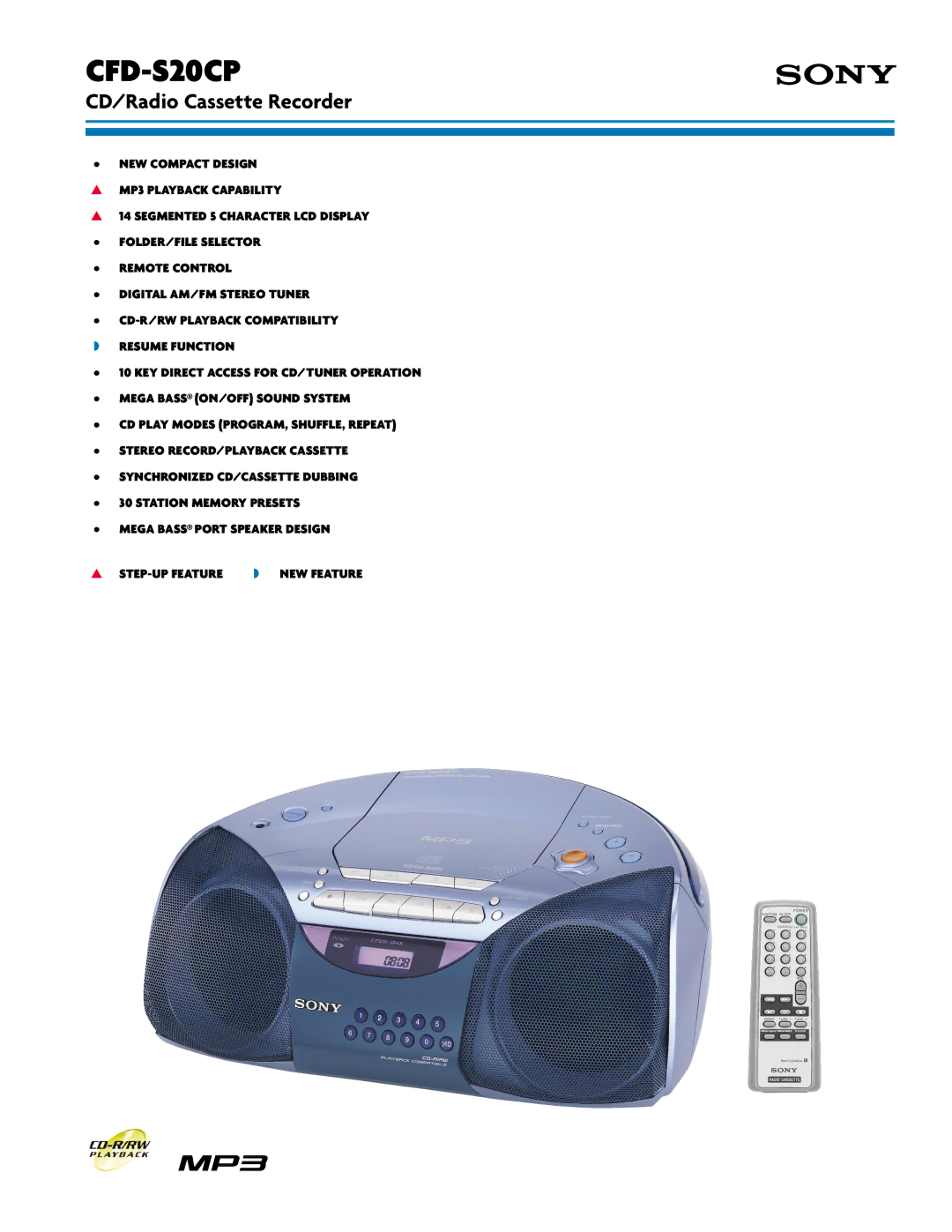 Sony CFD-S20CP manual CD/Radio Cassette Recorder 