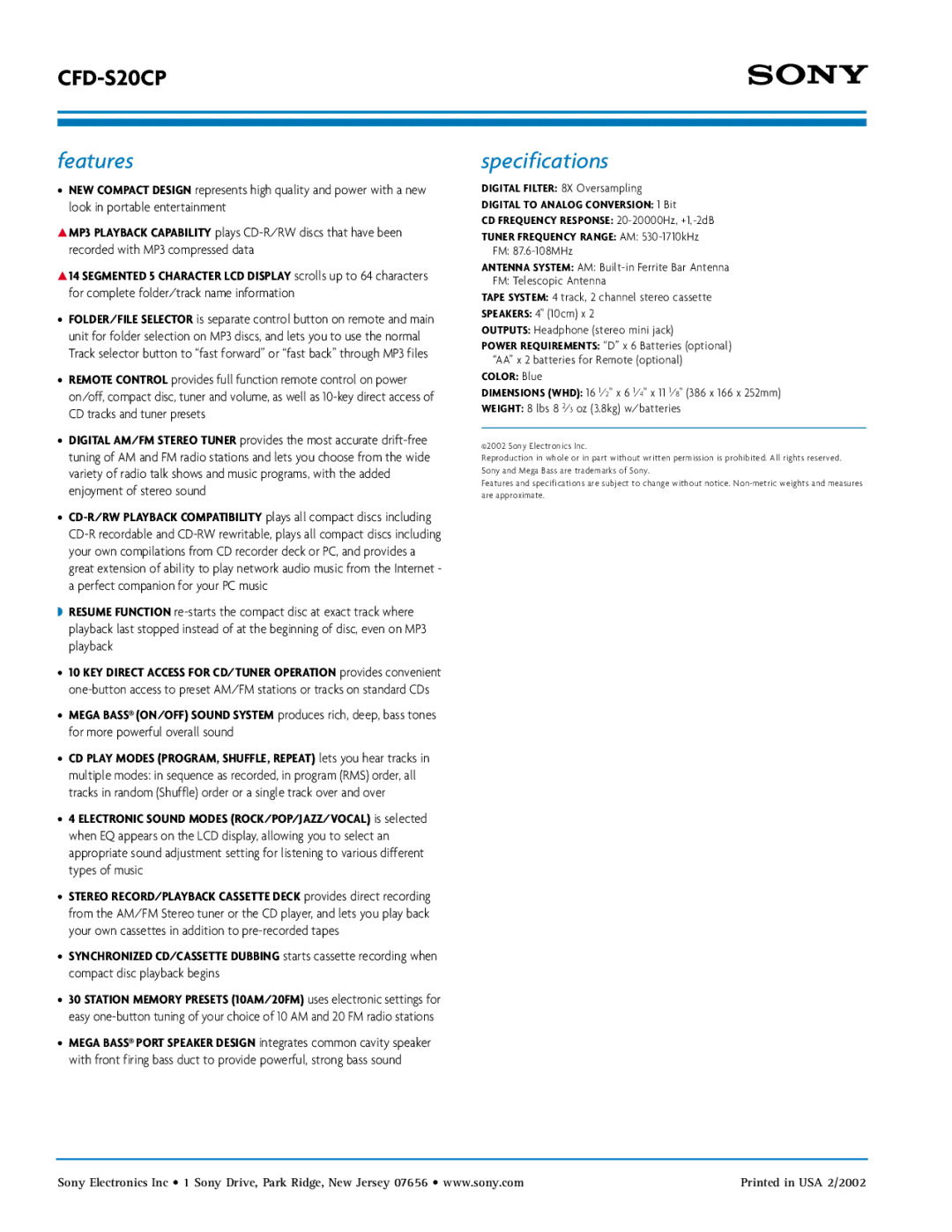 Sony CFD-S20CP manual Features, Specifications 