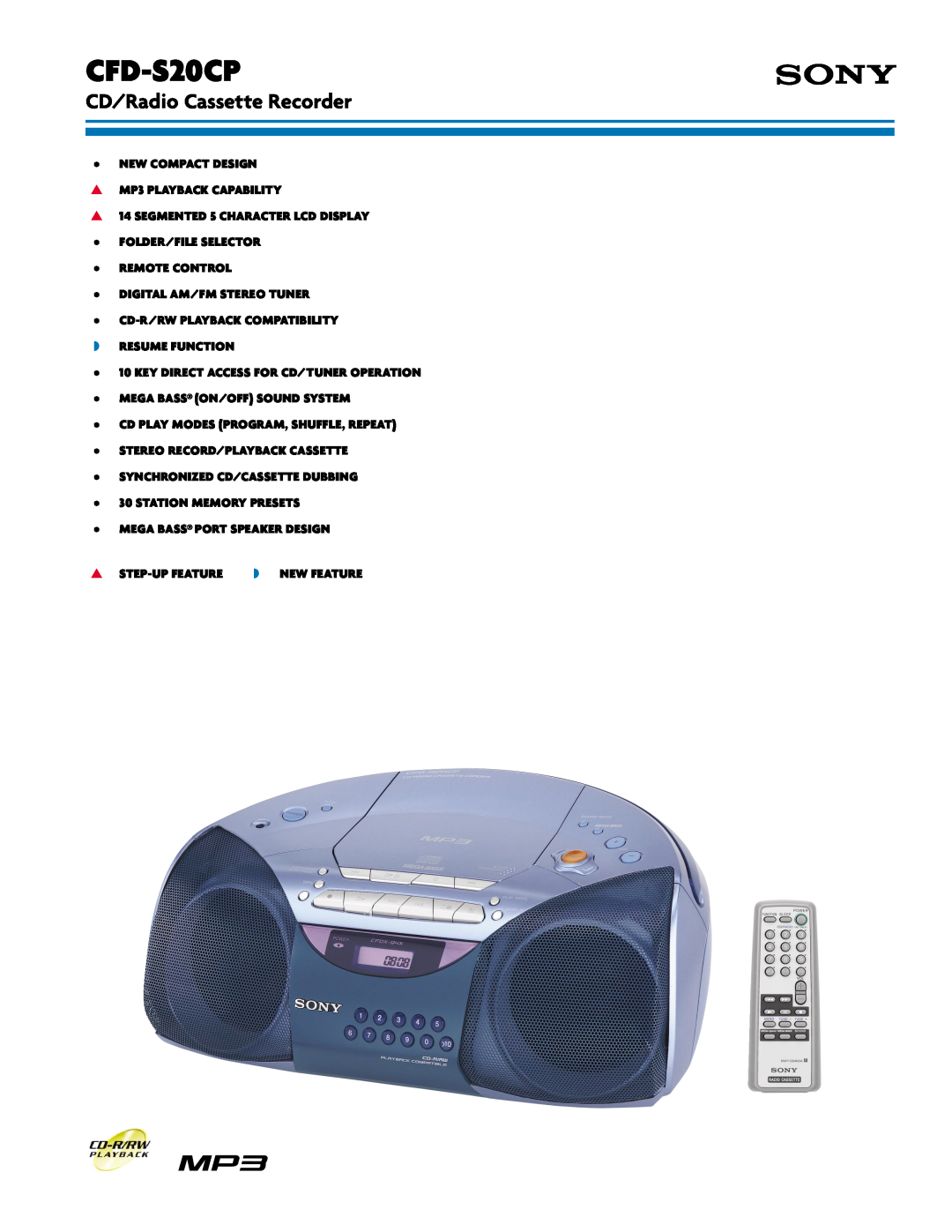 Sony CFD-S20CP manual CD/Radio Cassette Recorder 