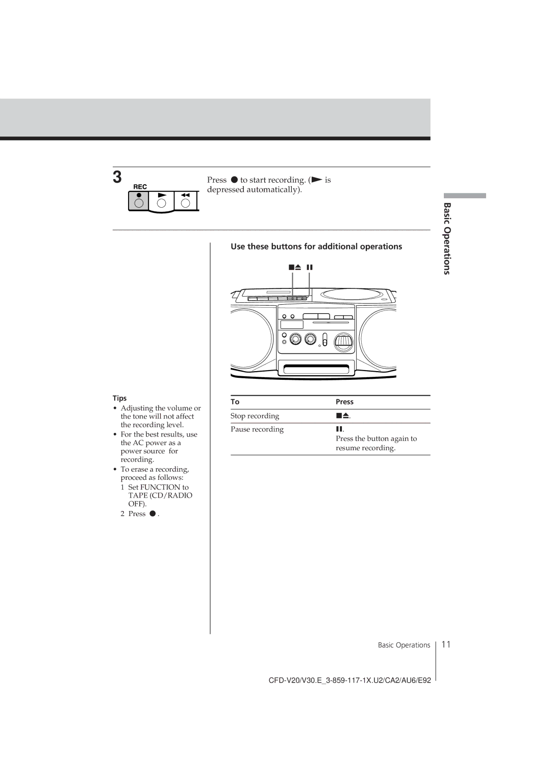 Sony CFD-V20 operating instructions Tips, Press 