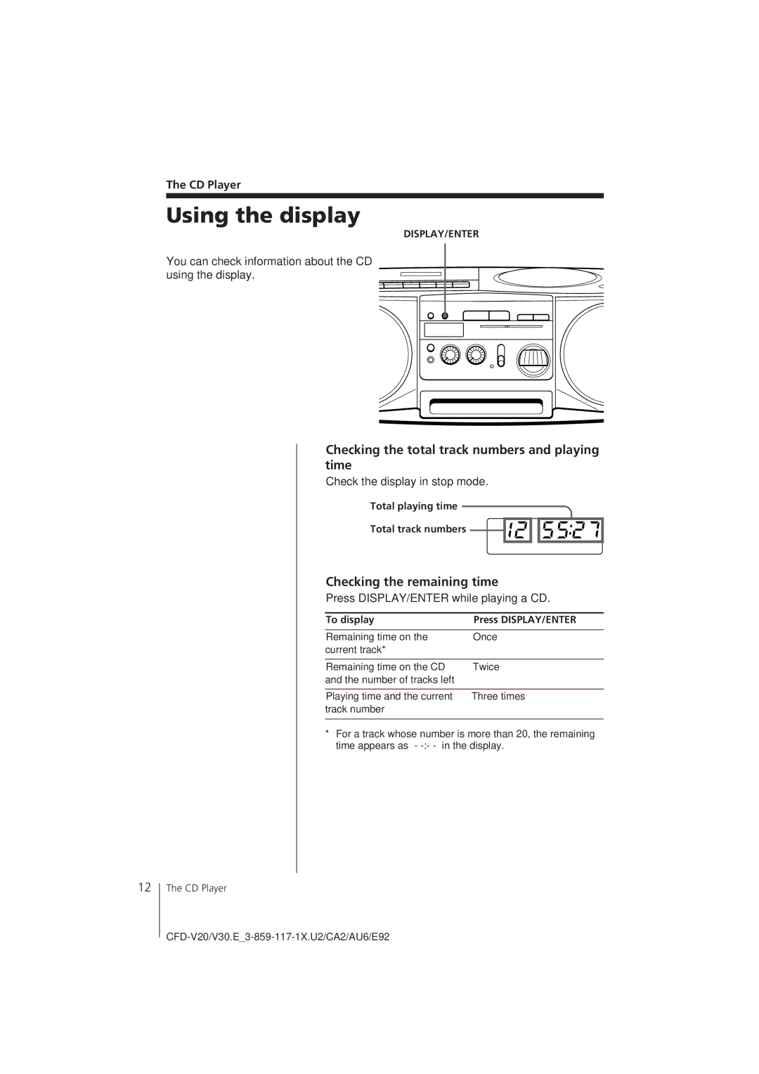 Sony CFD-V20 Using the display, Checking the total track numbers and playing time, Checking the remaining time, CD Player 