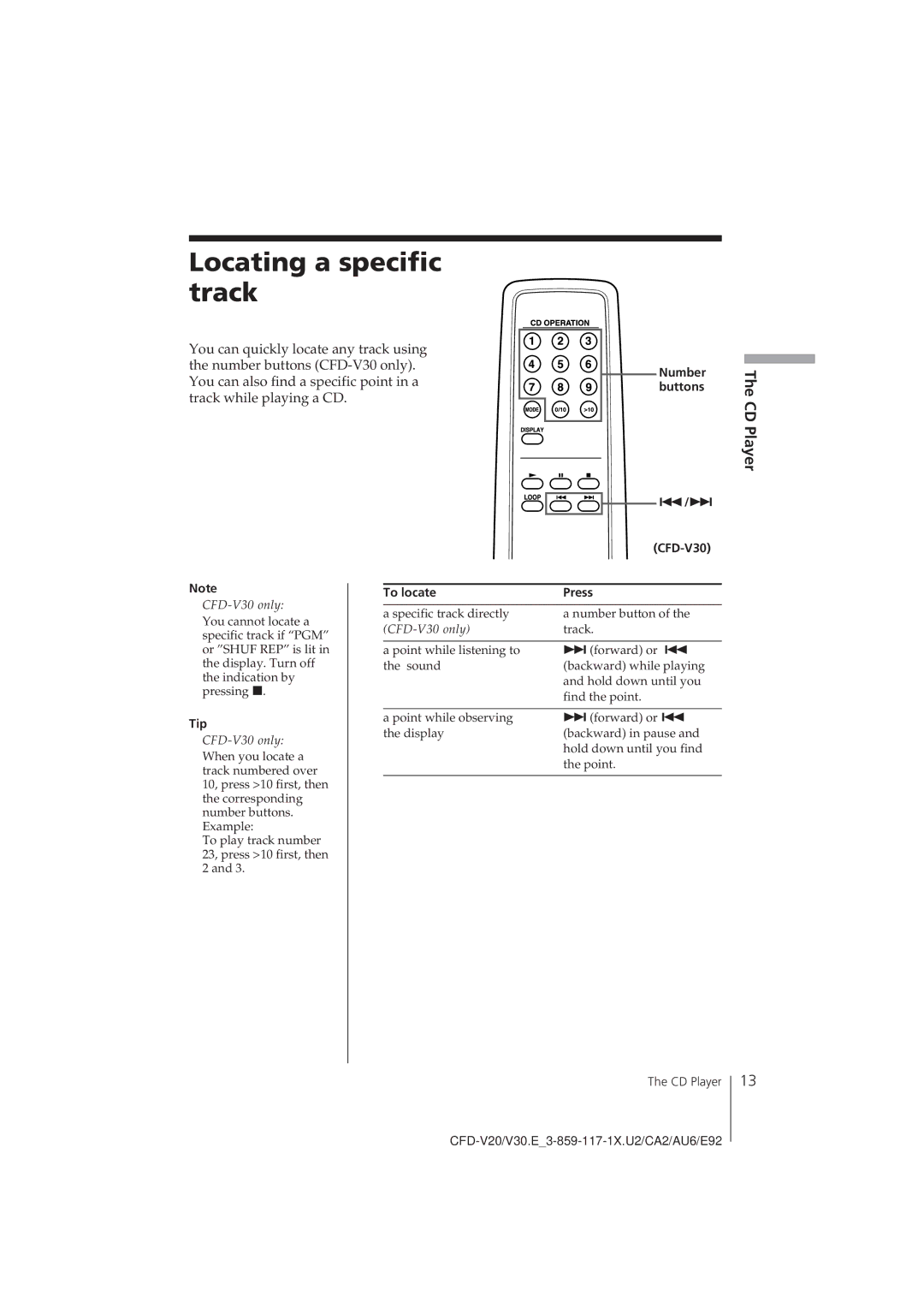 Sony CFD-V20 operating instructions Locating a specific track, CFD-V30, To locate Press, Tip 