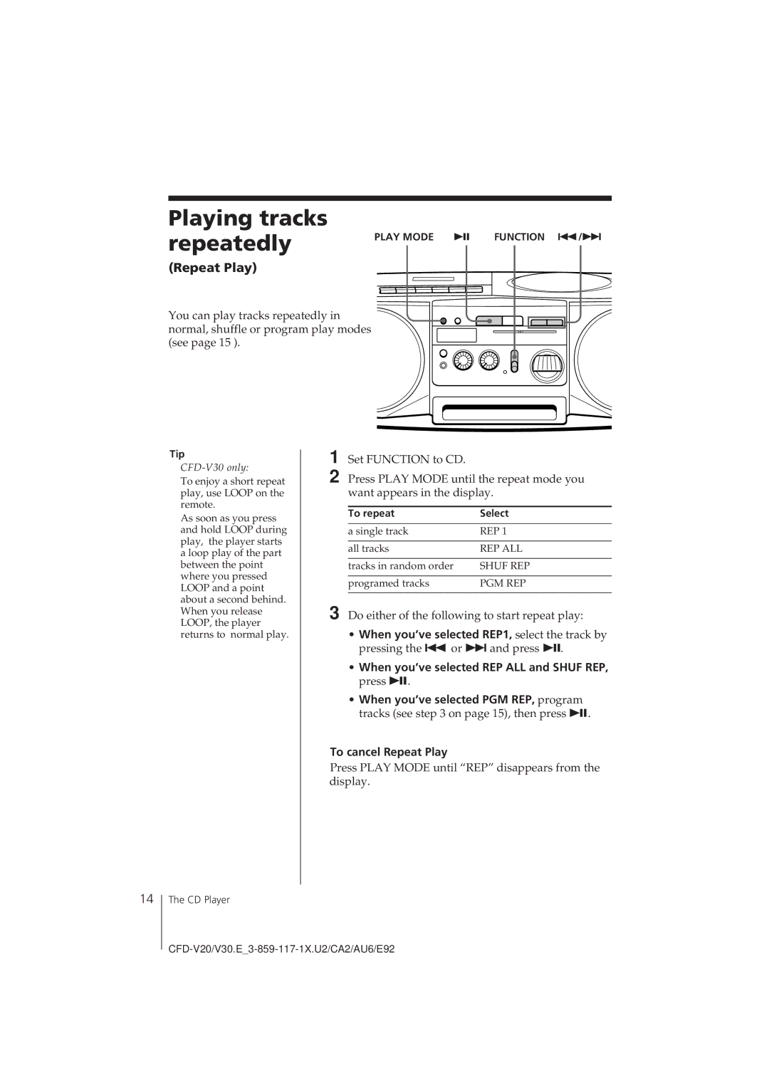 Sony CFD-V20 operating instructions Playing tracks repeatedly, Repeat Play, To repeat Select 