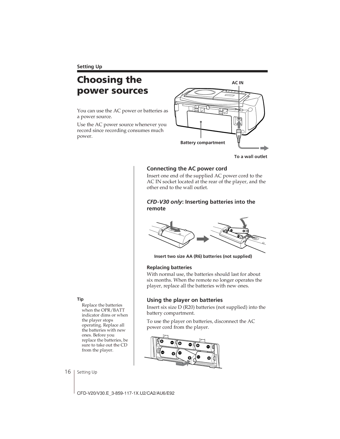 Sony CFD-V20 Choosing the power sources, Connecting the AC power cord, CFD-V30 only Inserting batteries into the remote 