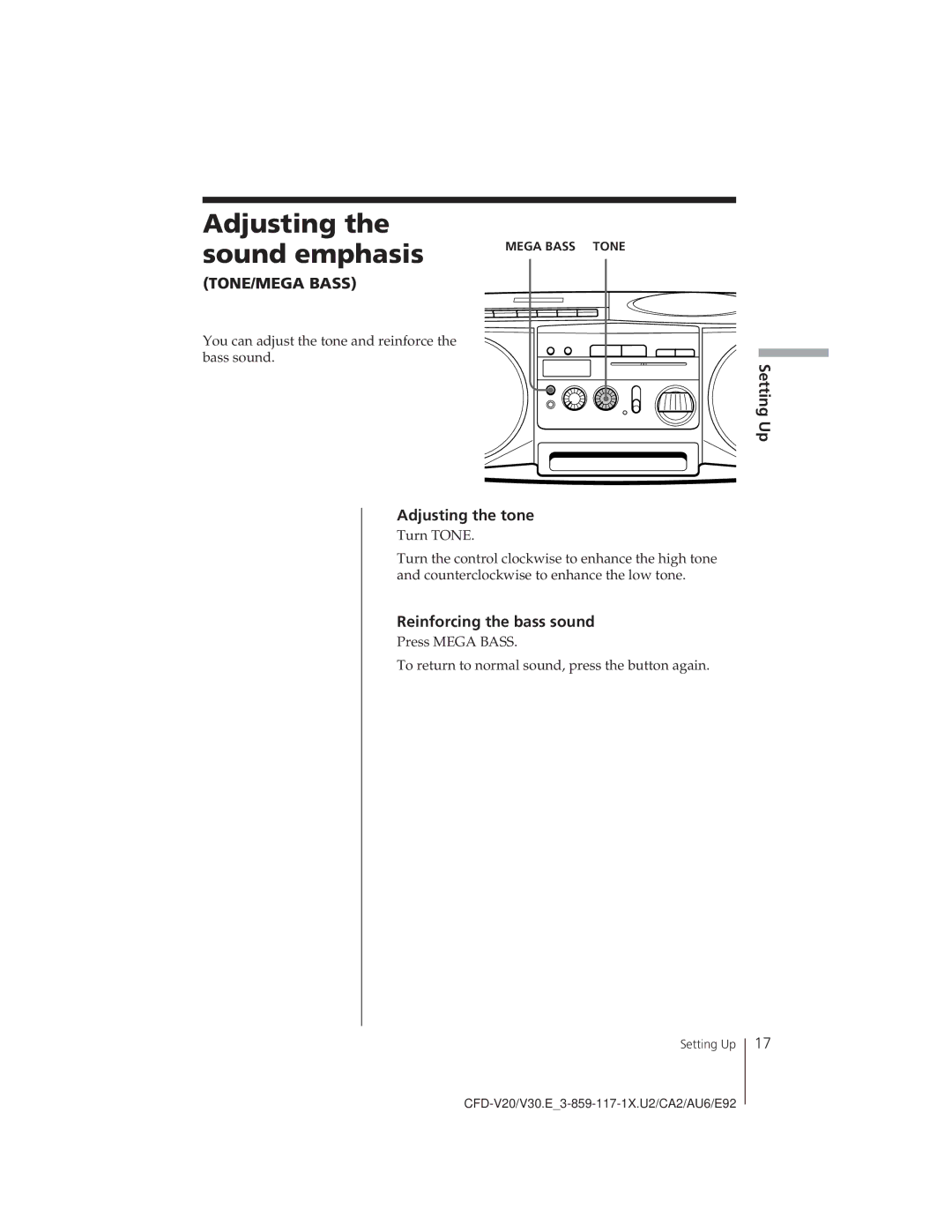 Sony CFD-V20 operating instructions Adjusting the sound emphasis, Setting Up Adjusting the tone, Reinforcing the bass sound 