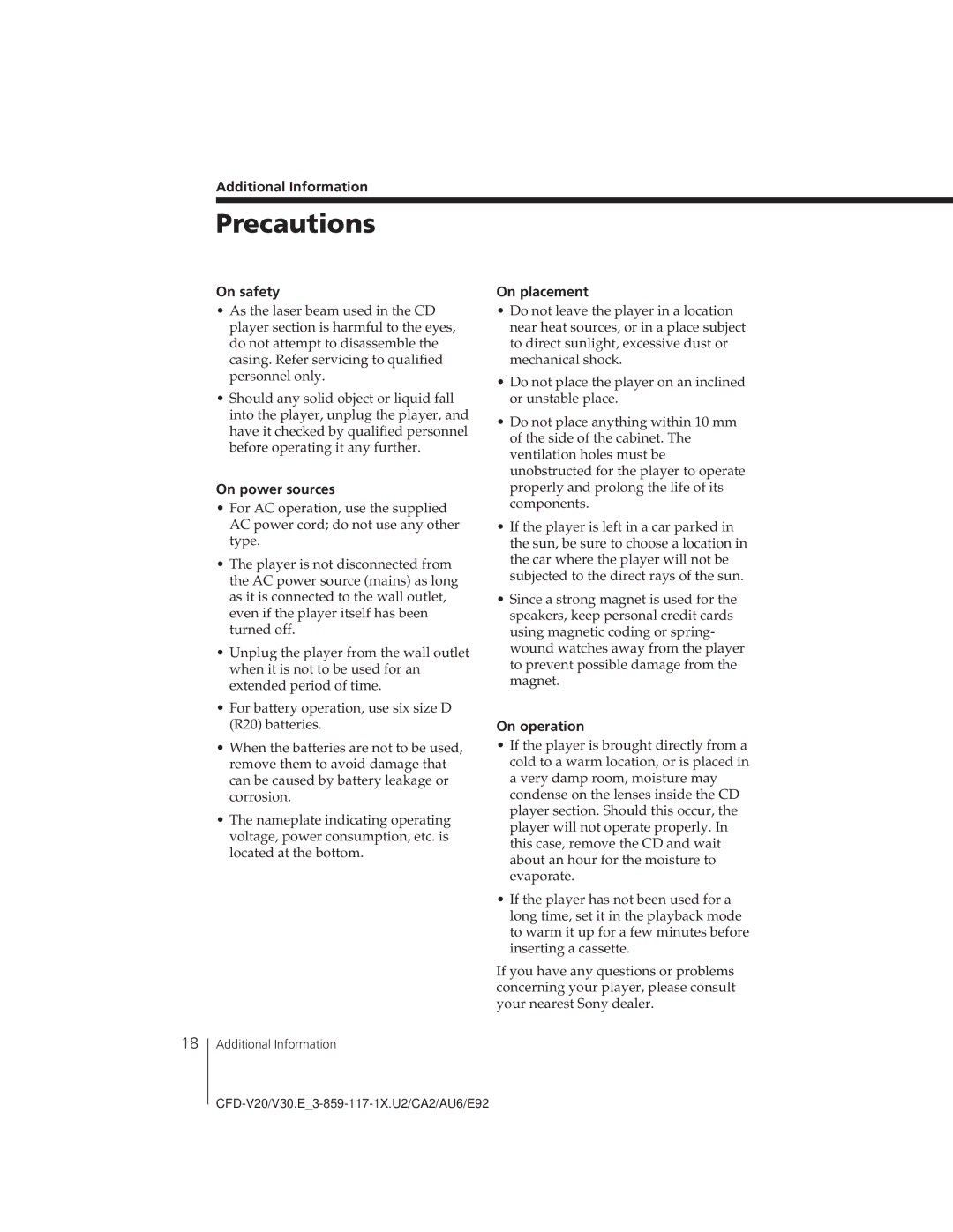 Sony CFD-V20 operating instructions Precautions 