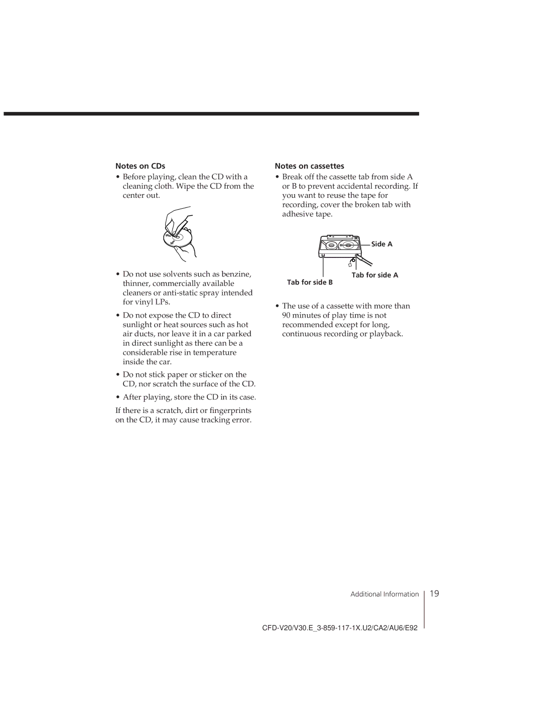 Sony CFD-V20 operating instructions Side a Tab for side a Tab for side B 