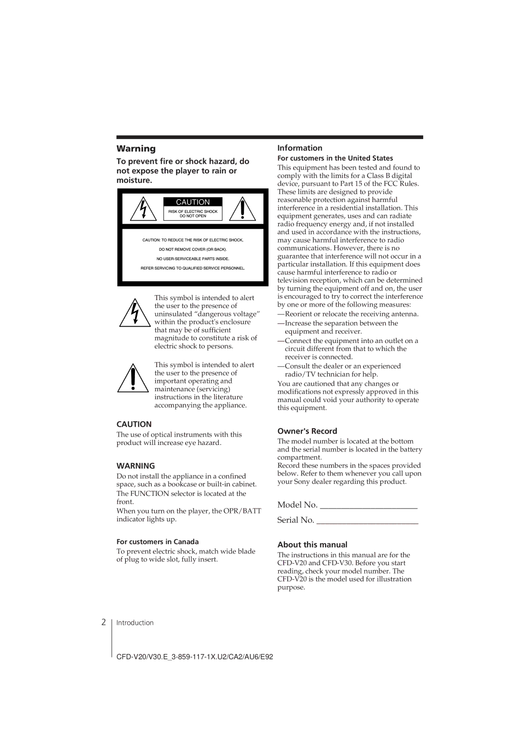 Sony CFD-V20 Information, Owners Record, About this manual, For customers in the United States, For customers in Canada 