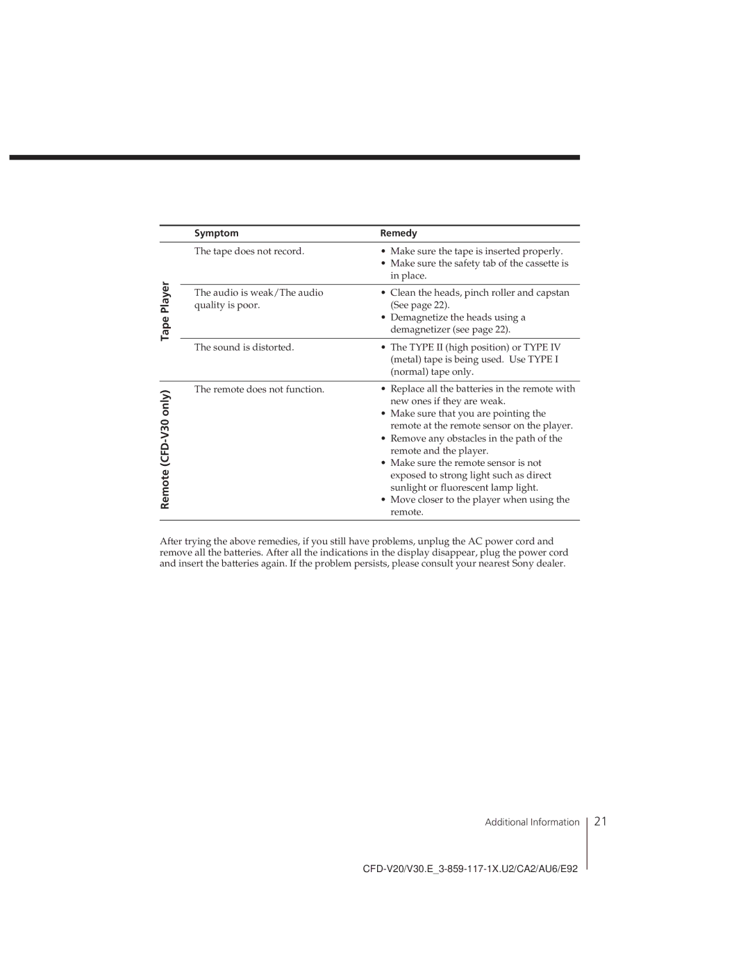 Sony CFD-V20 operating instructions Only, V30 